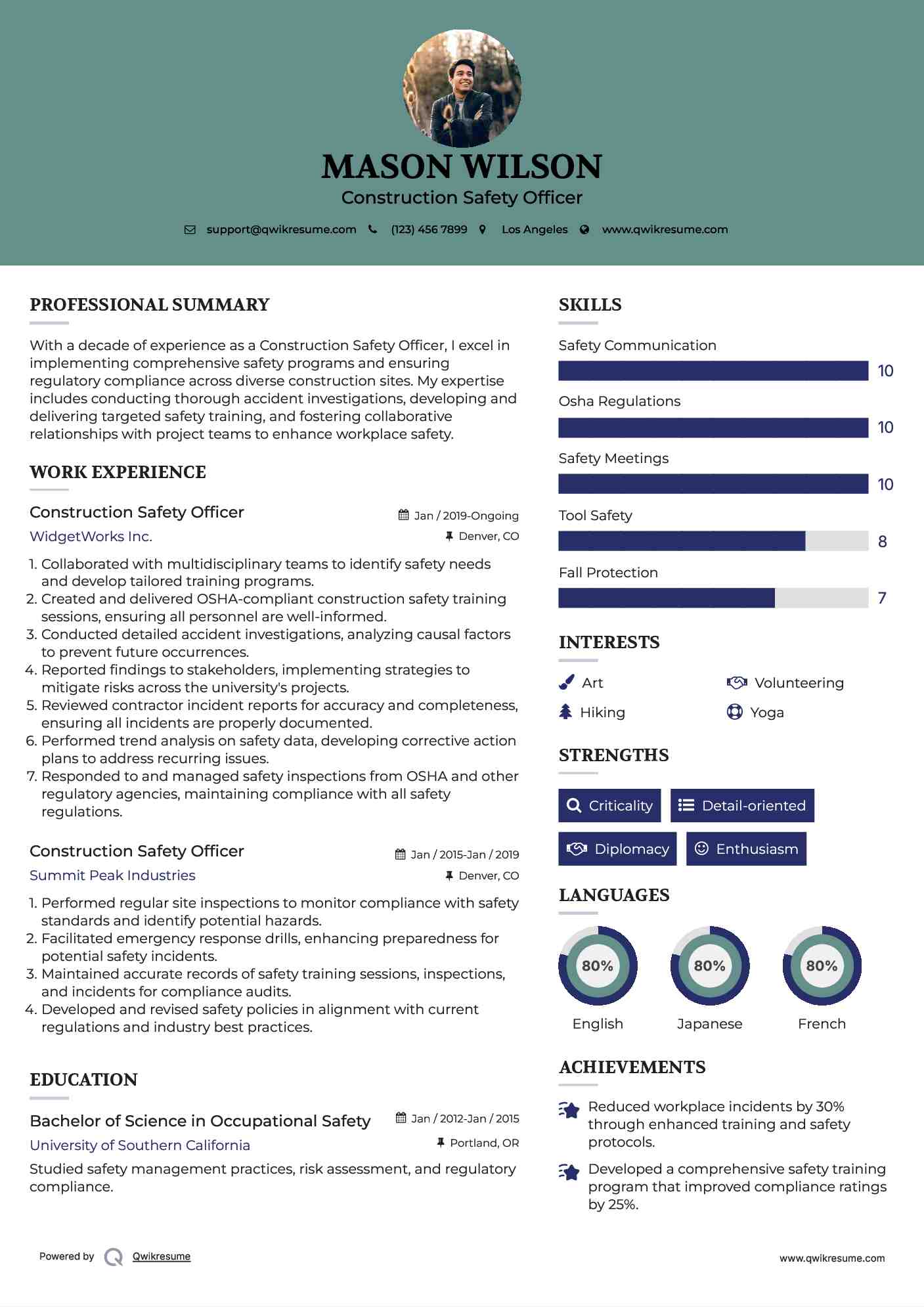 Construction Safety Officer Resume Sample