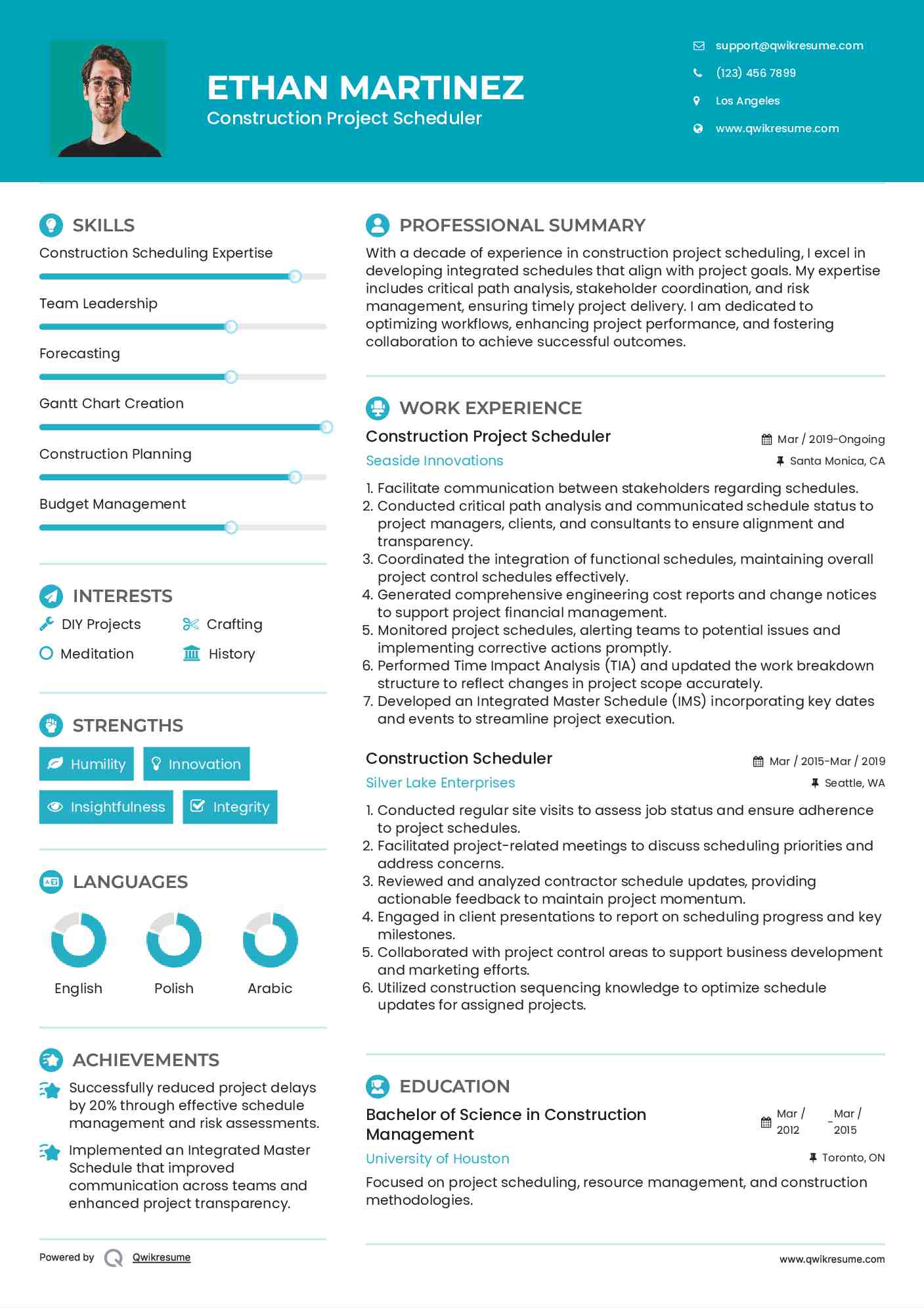 Construction Project Scheduler Resume Example