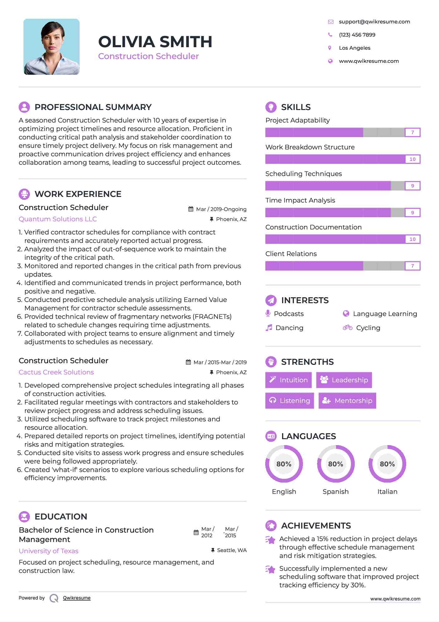 Construction Scheduler Resume Template