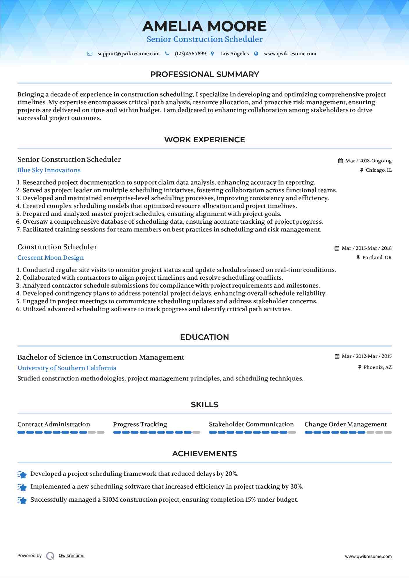 Senior Construction Scheduler Resume Template