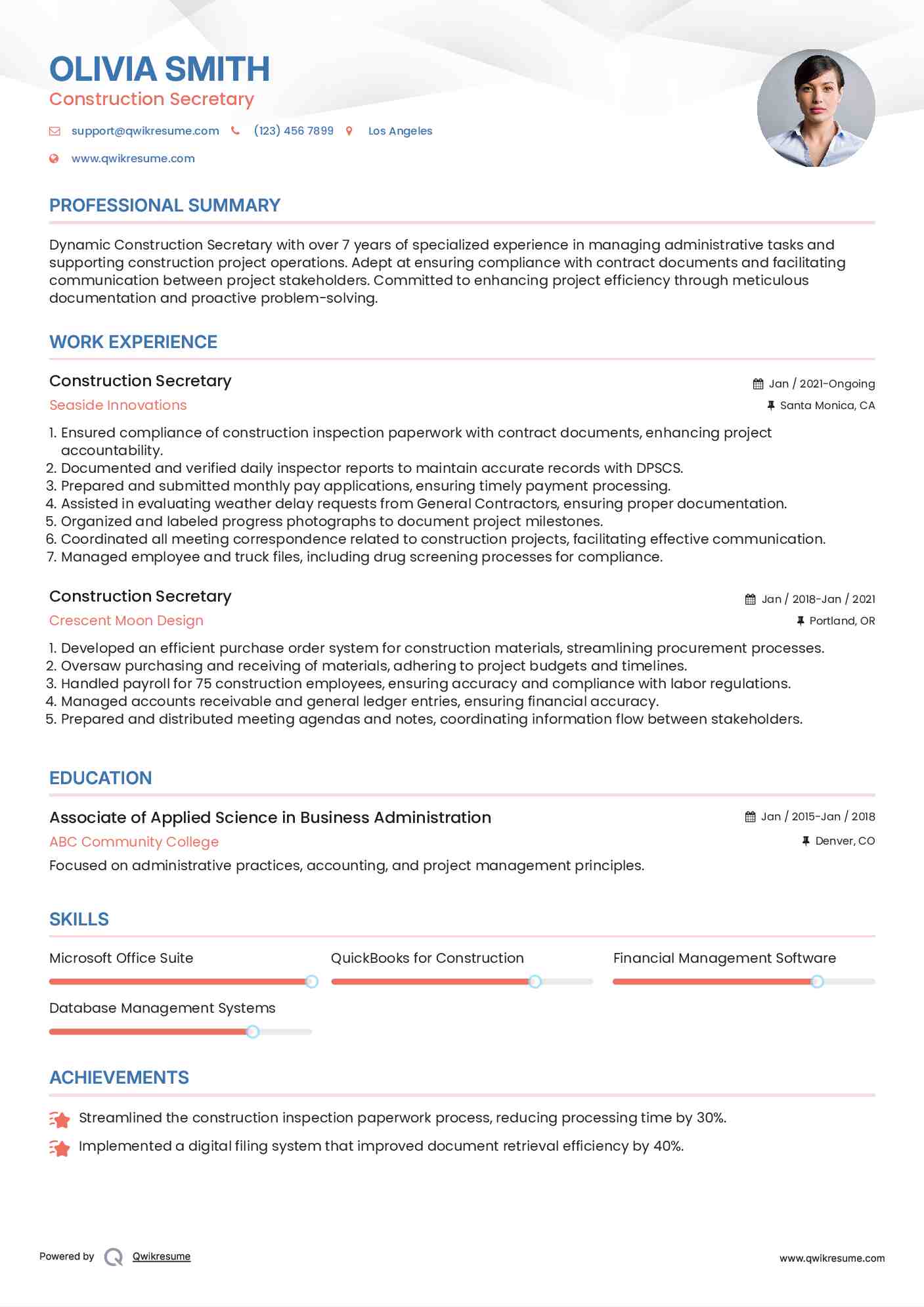 Construction Secretary Resume Format