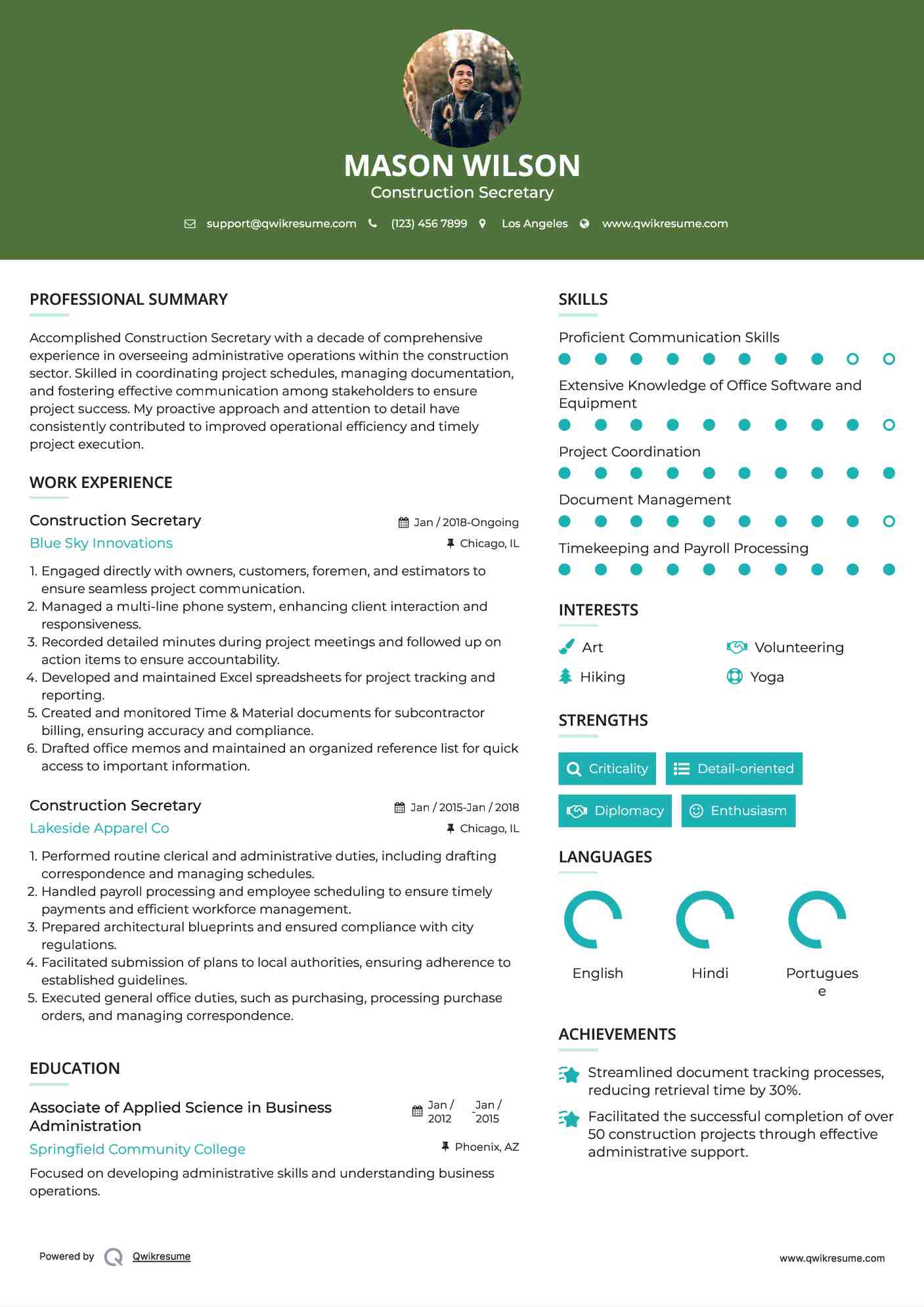 Construction Secretary Resume Example