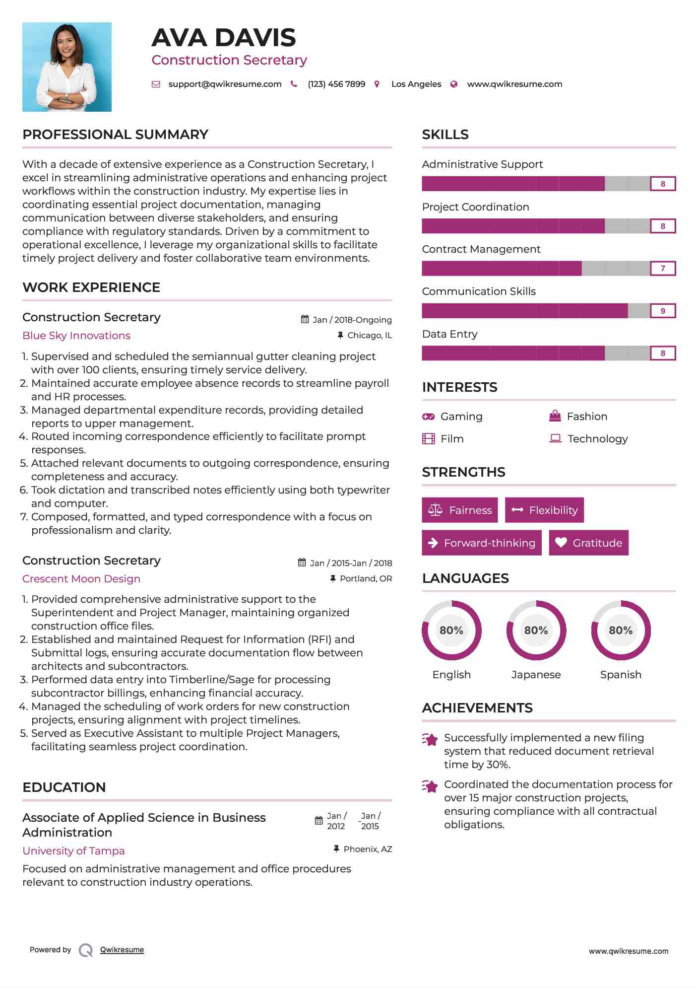 Construction Secretary Resume Format