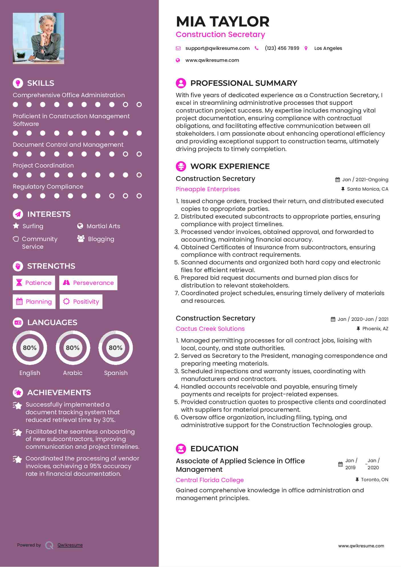 Construction Secretary Resume Sample