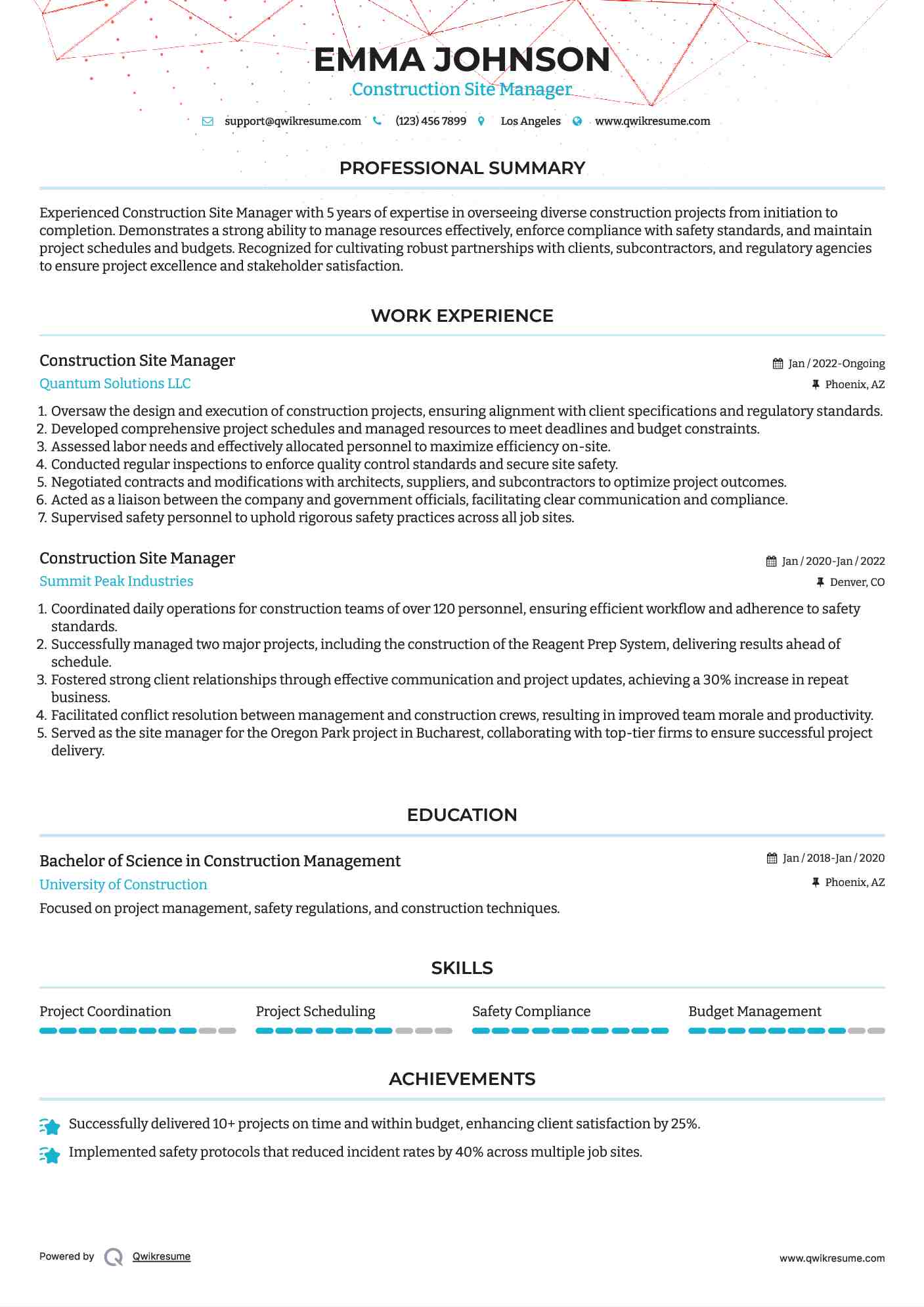 Construction Site Manager Resume Format