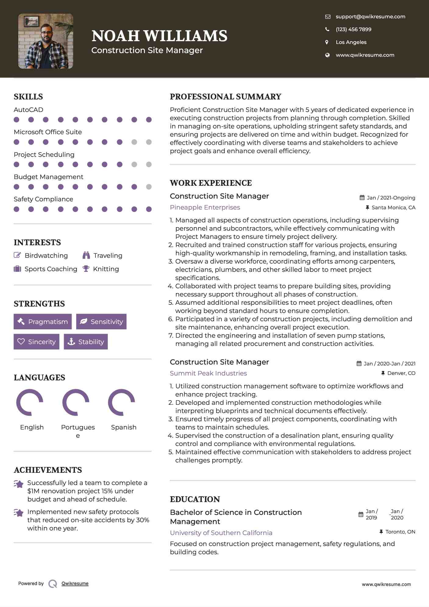 Construction Site Manager Resume Sample