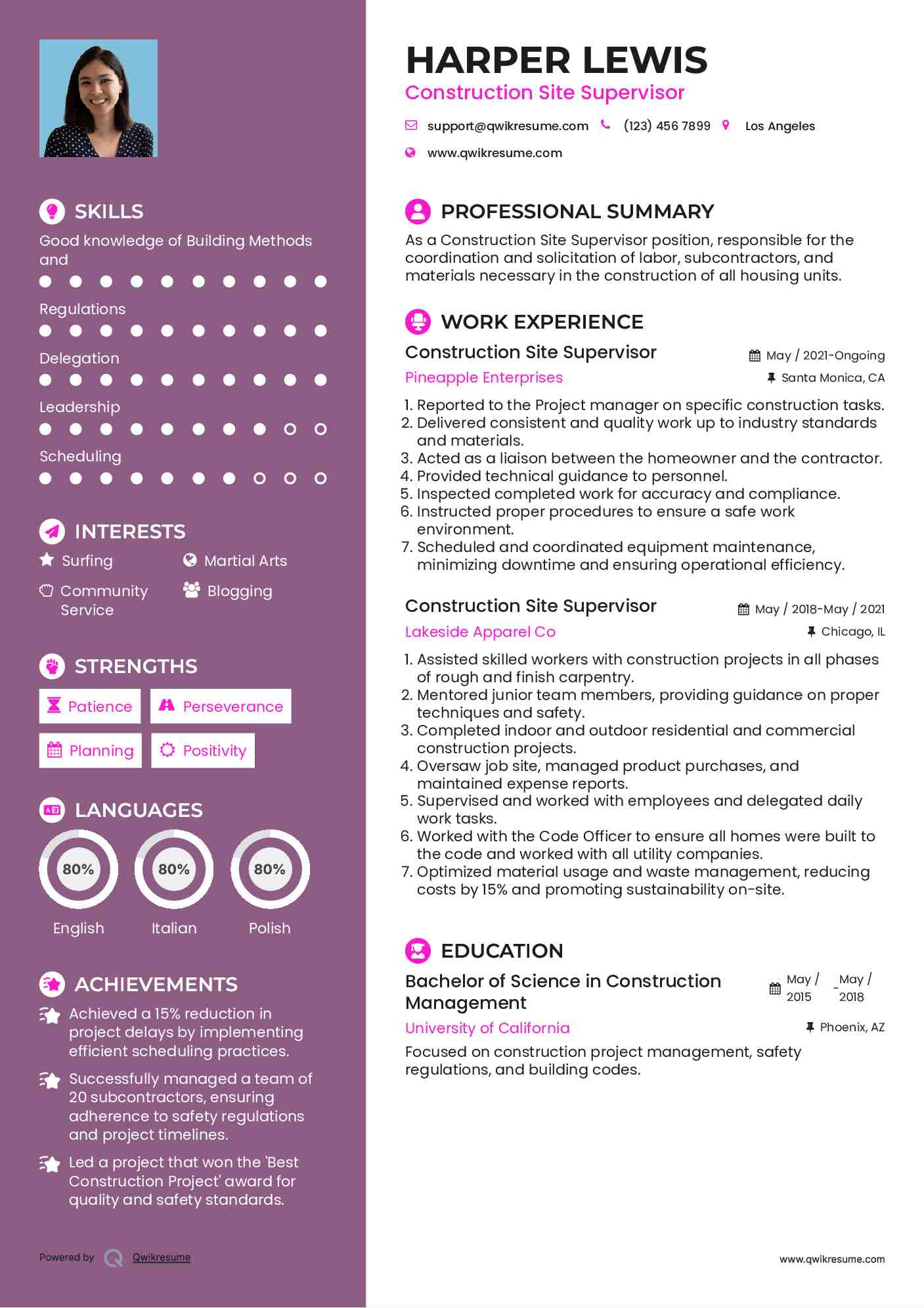 Construction Site Supervisor Resume Format