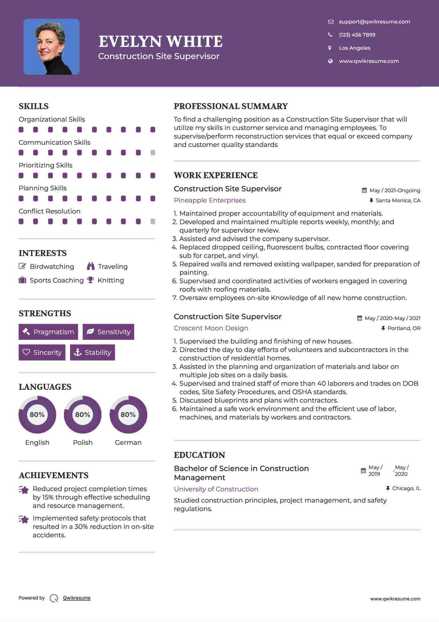 Construction Site Supervisor Resume Format