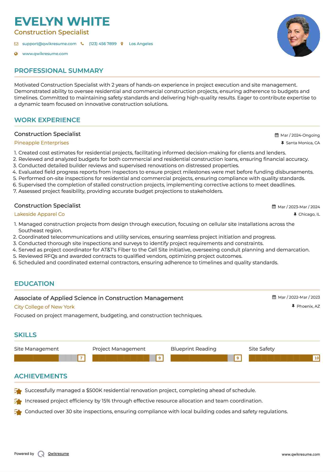Construction Specialist Resume Example