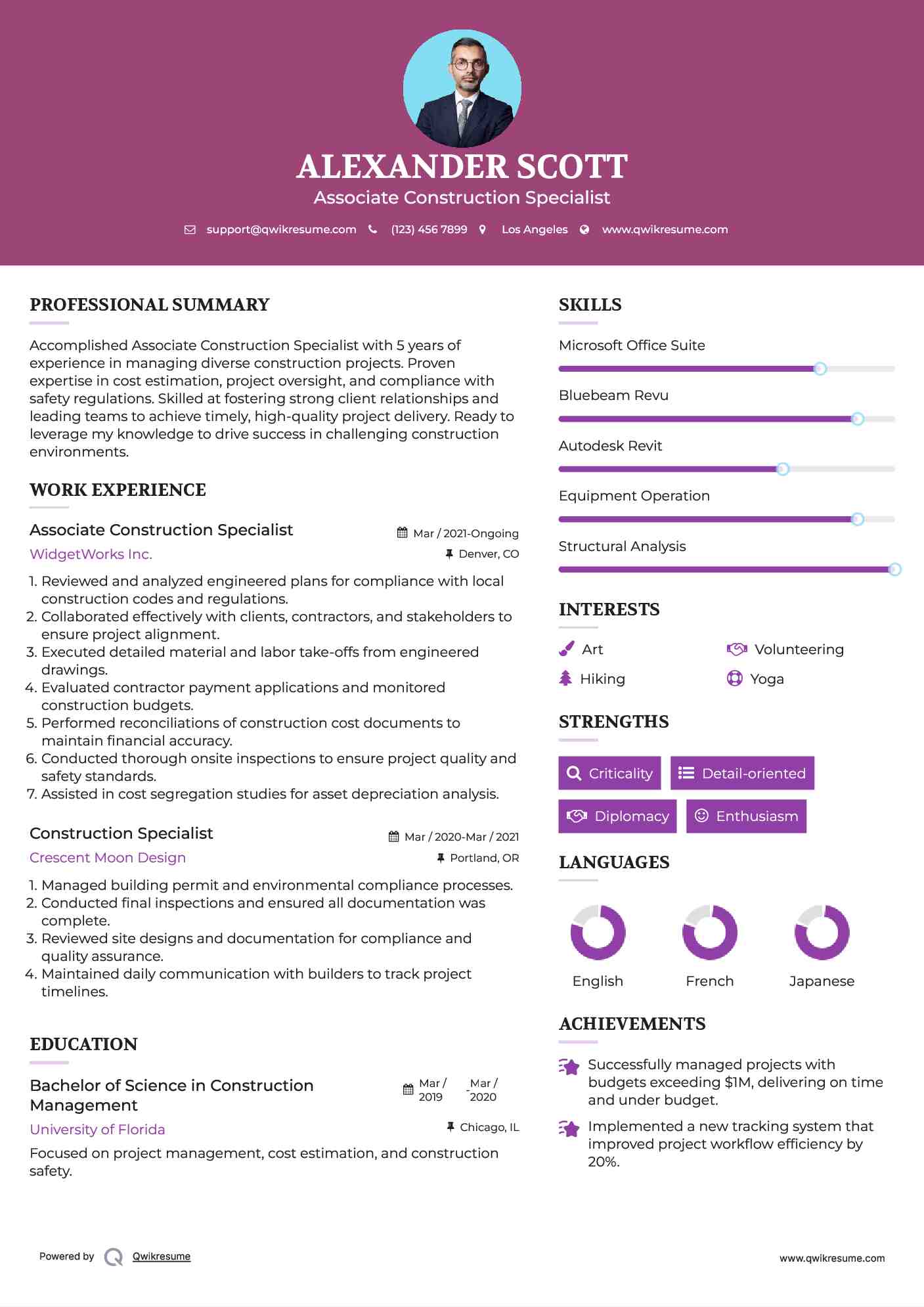 Construction Specialist Resume Samples QwikResume
