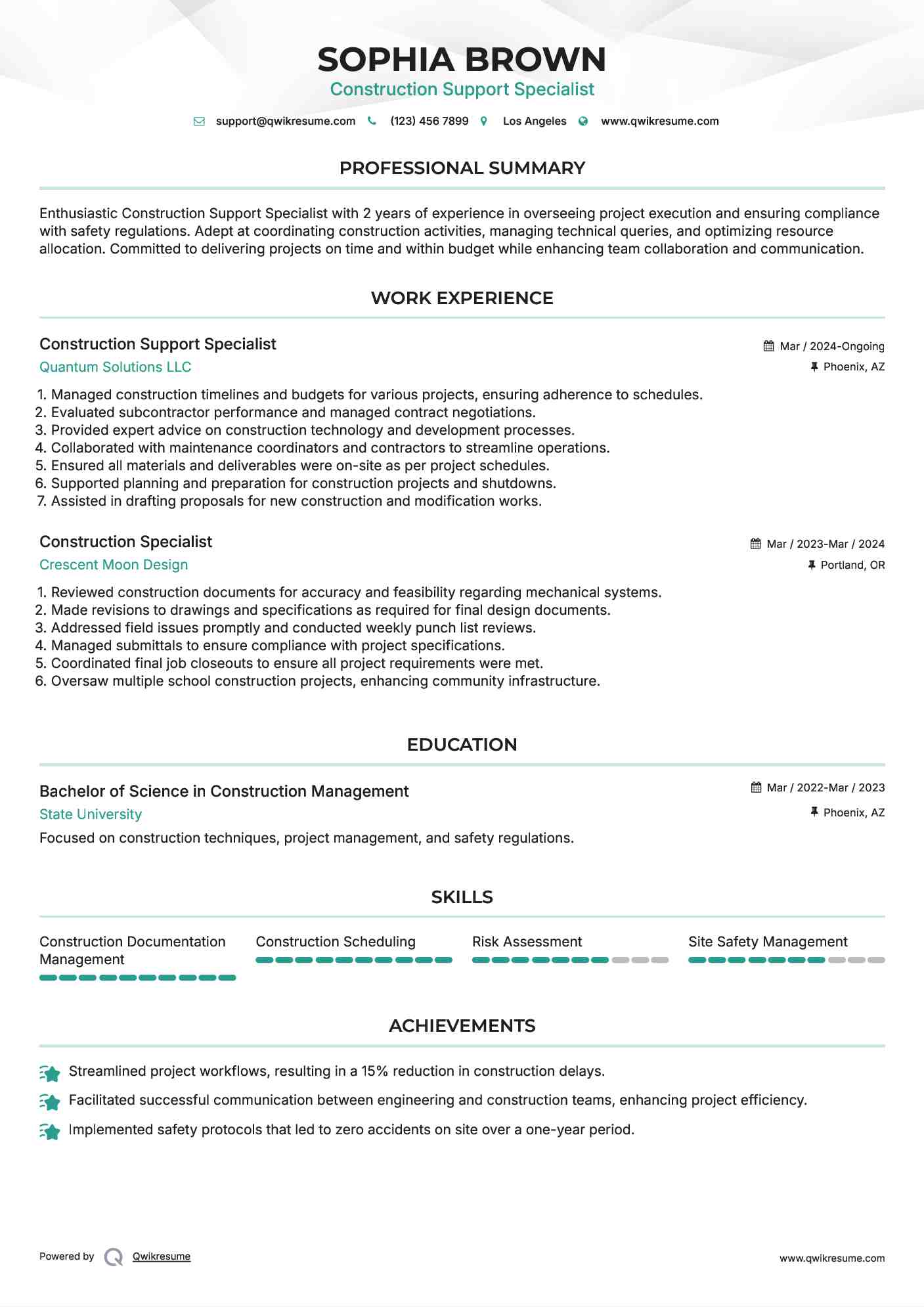 Construction Support Specialist Resume Template
