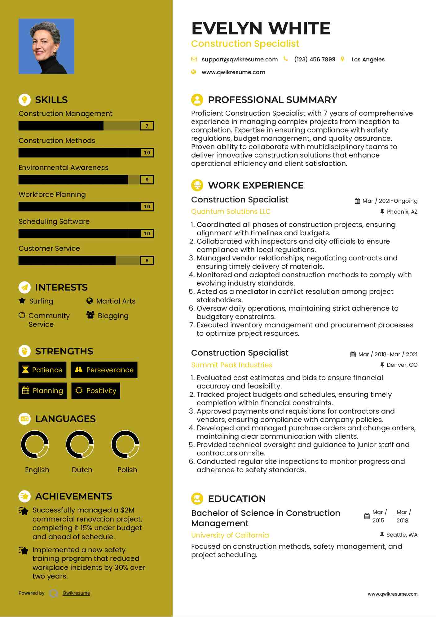 Construction Specialist Resume Example