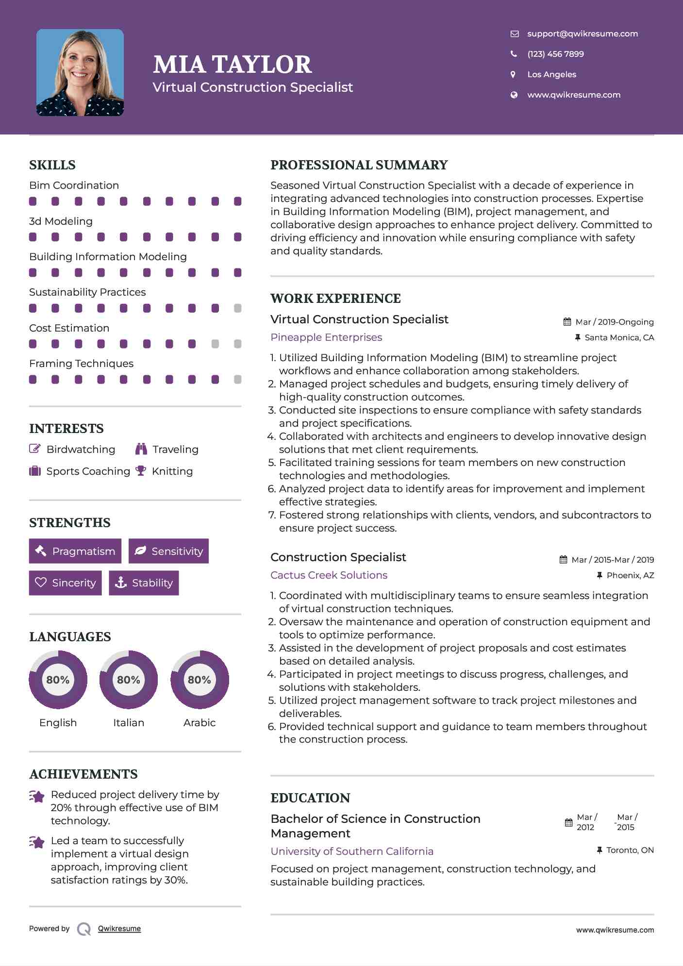 Virtual Construction Specialist Resume Model