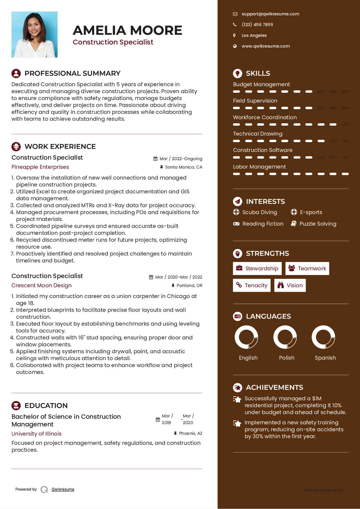 Construction Specialist Resume Template