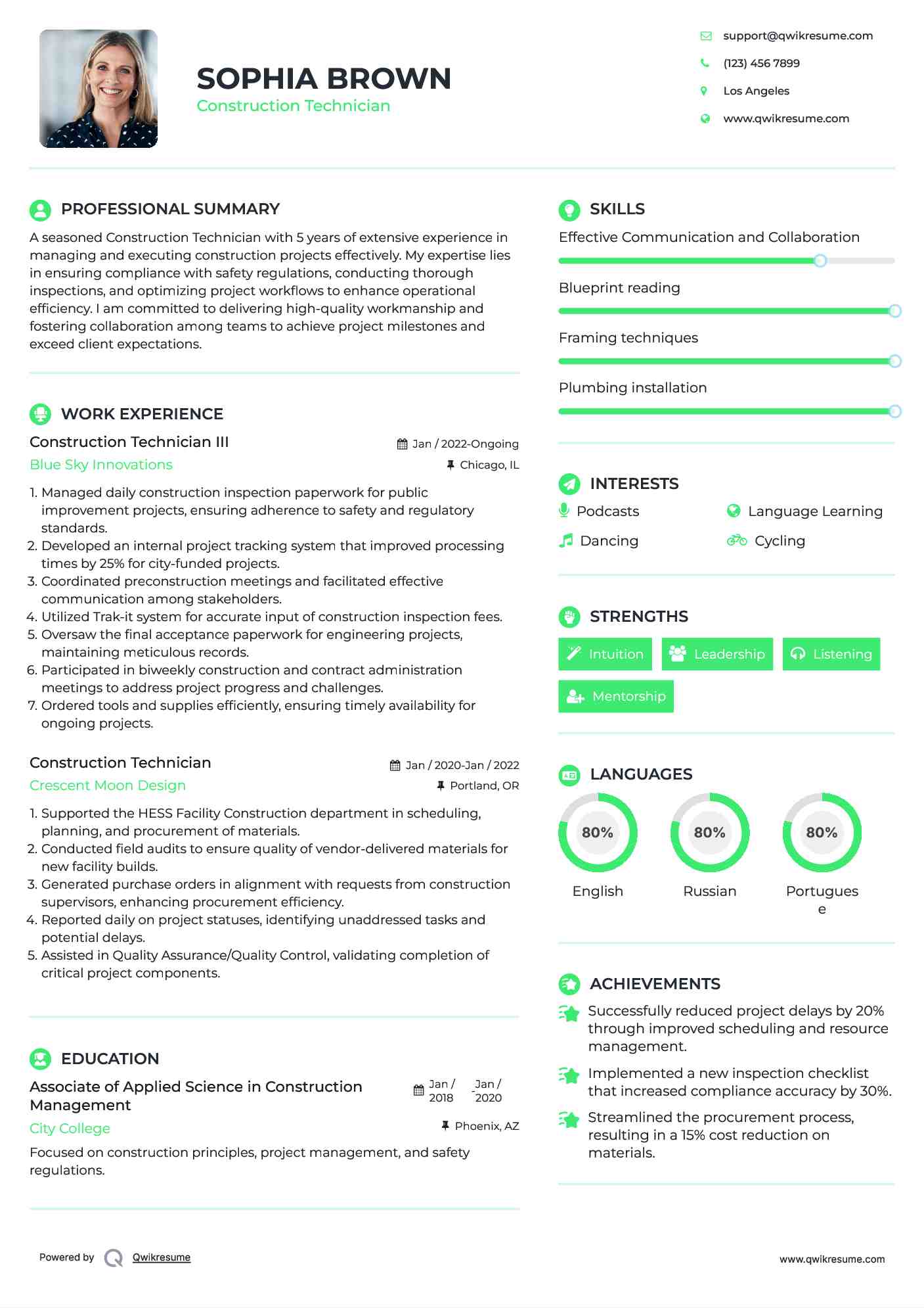 Construction Technician III Resume Sample