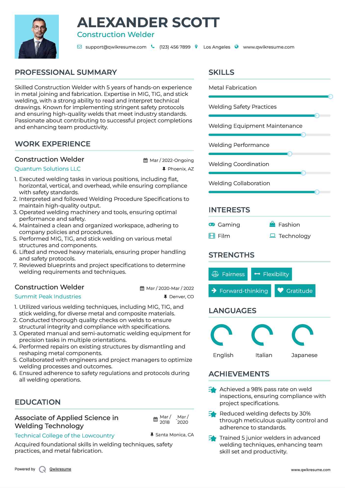 Construction Welder Resume Model