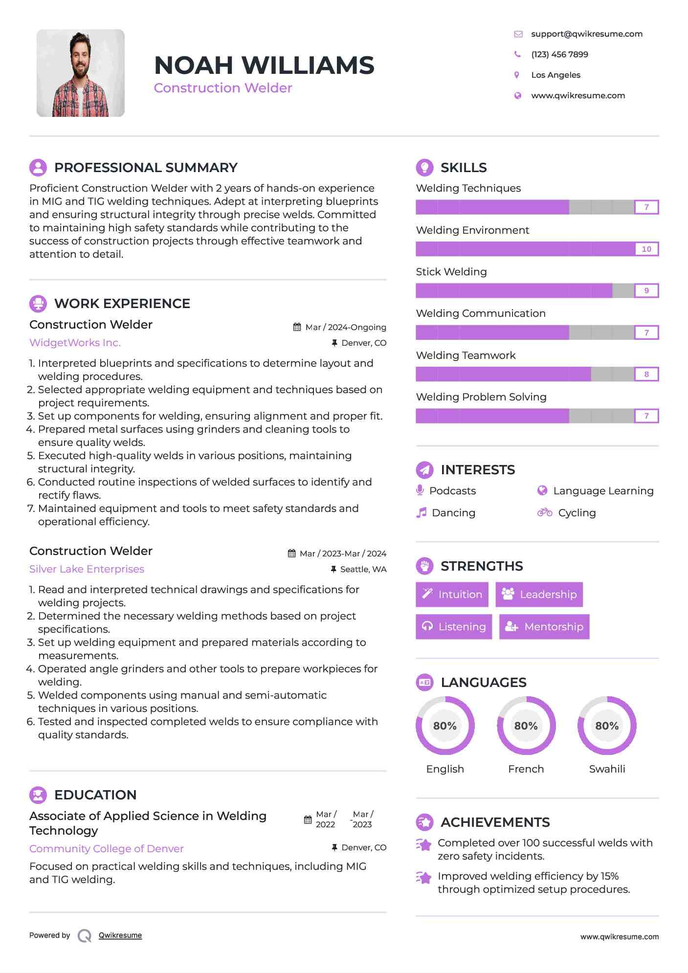 Construction Welder Resume Sample
