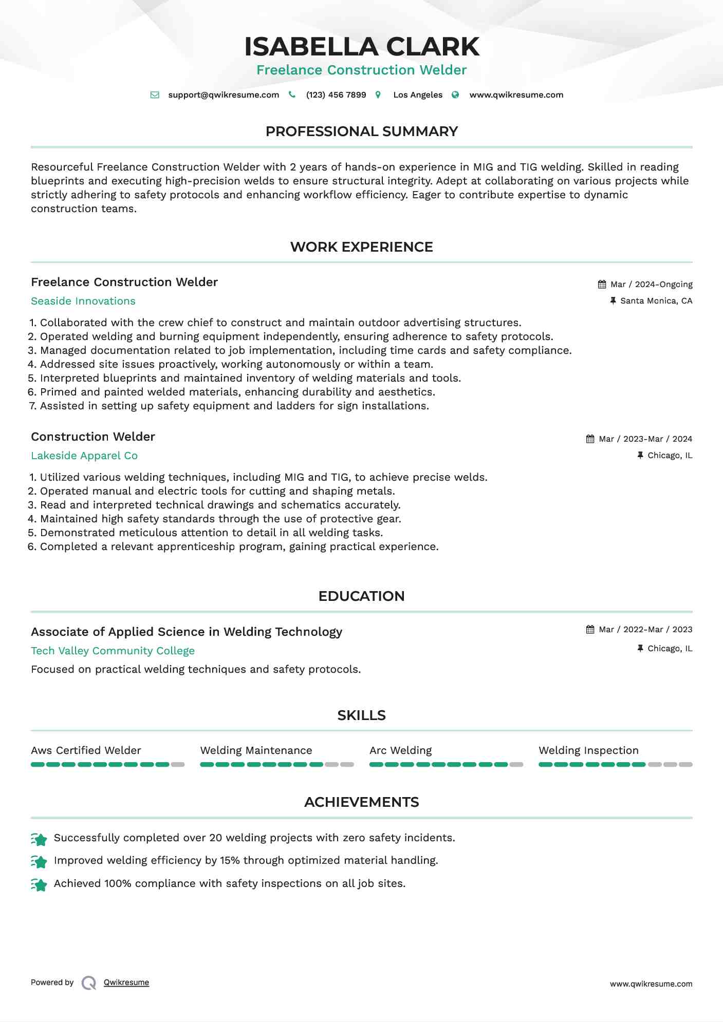Freelance Construction Welder Resume Example