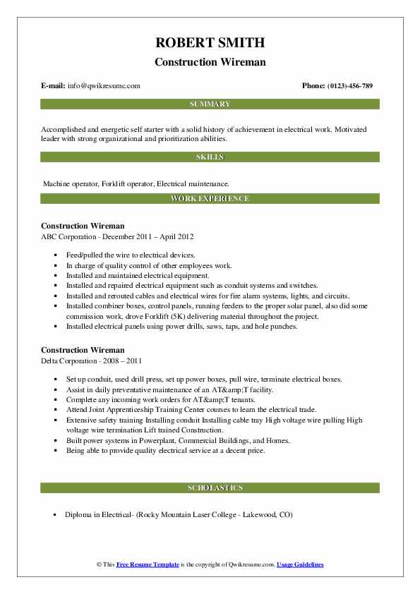 Construction Wireman Resume Samples QwikResume