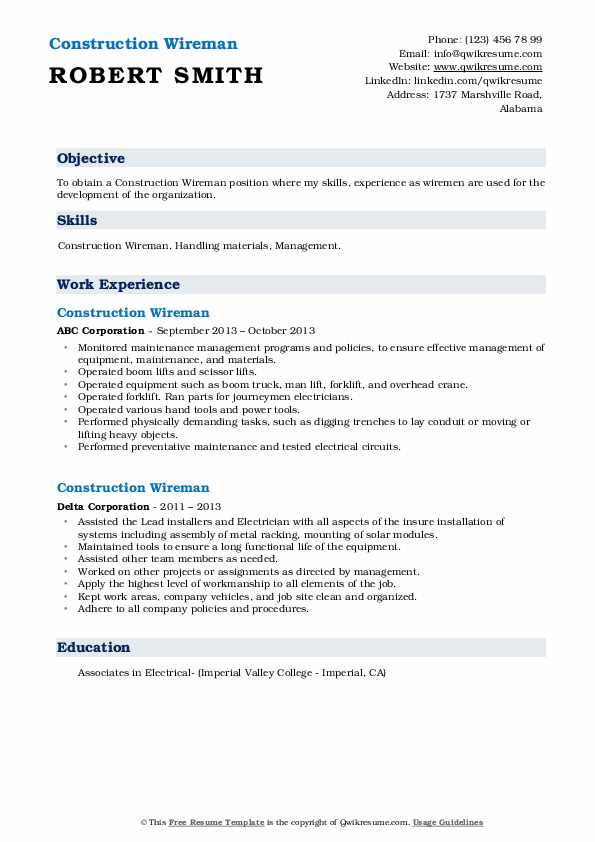 Construction Wireman Resume Samples QwikResume