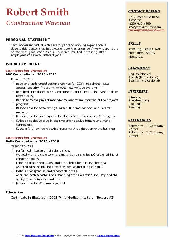 Construction Wireman Resume Samples QwikResume