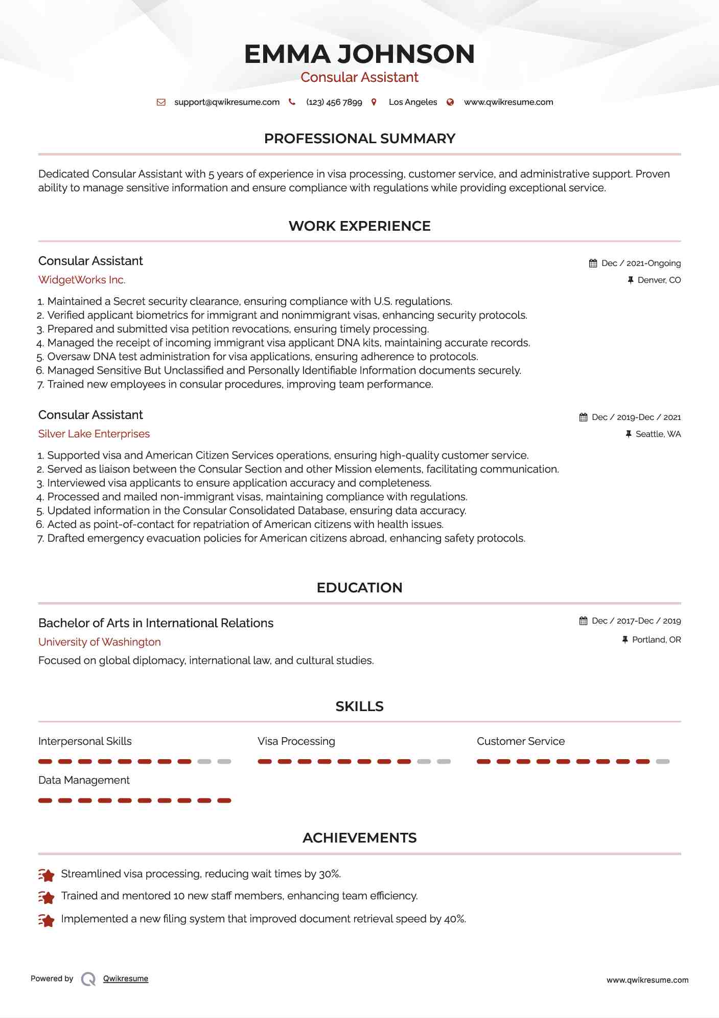 Consular Assistant Resume Model