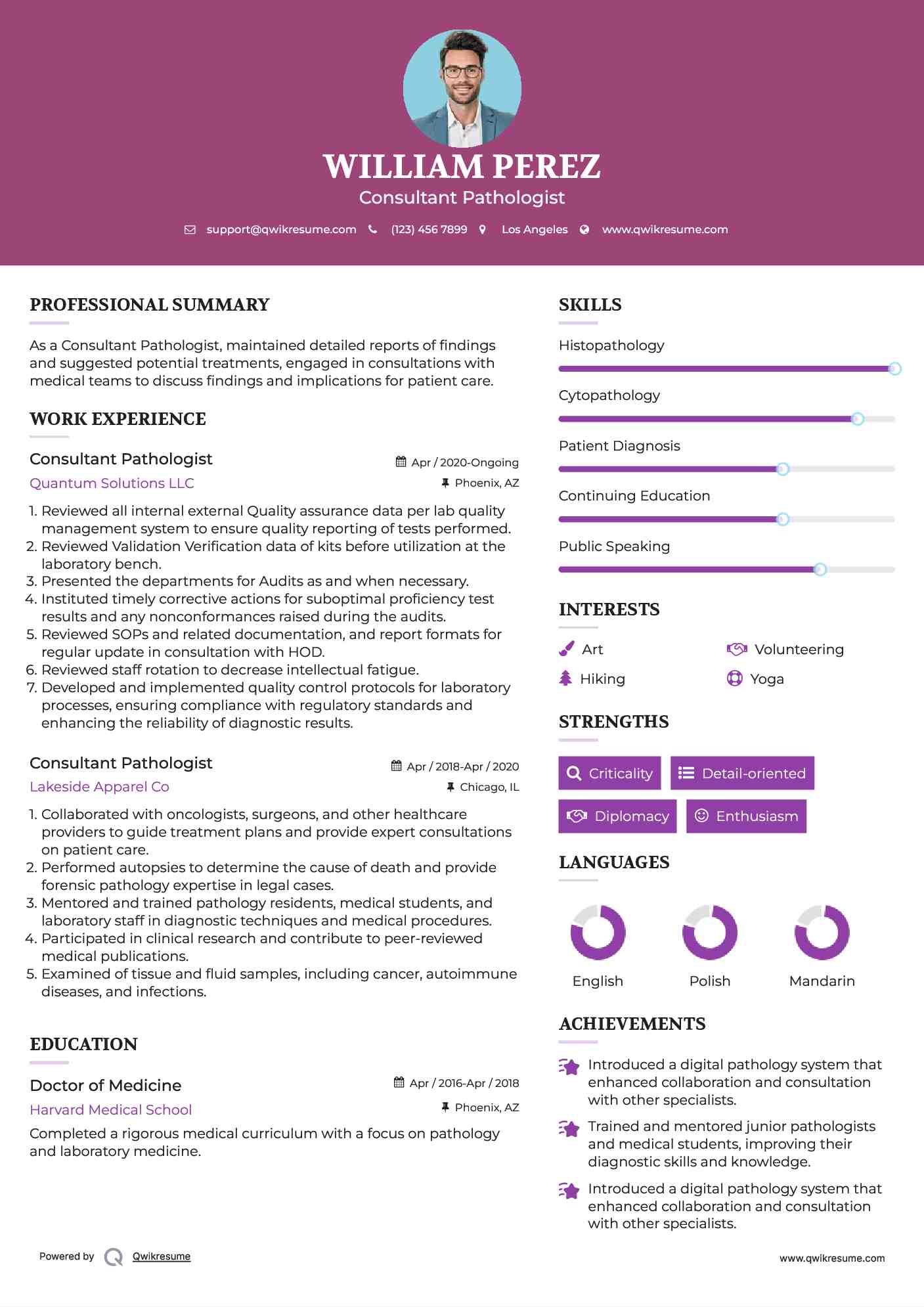 Consultant Pathologist Resume Model