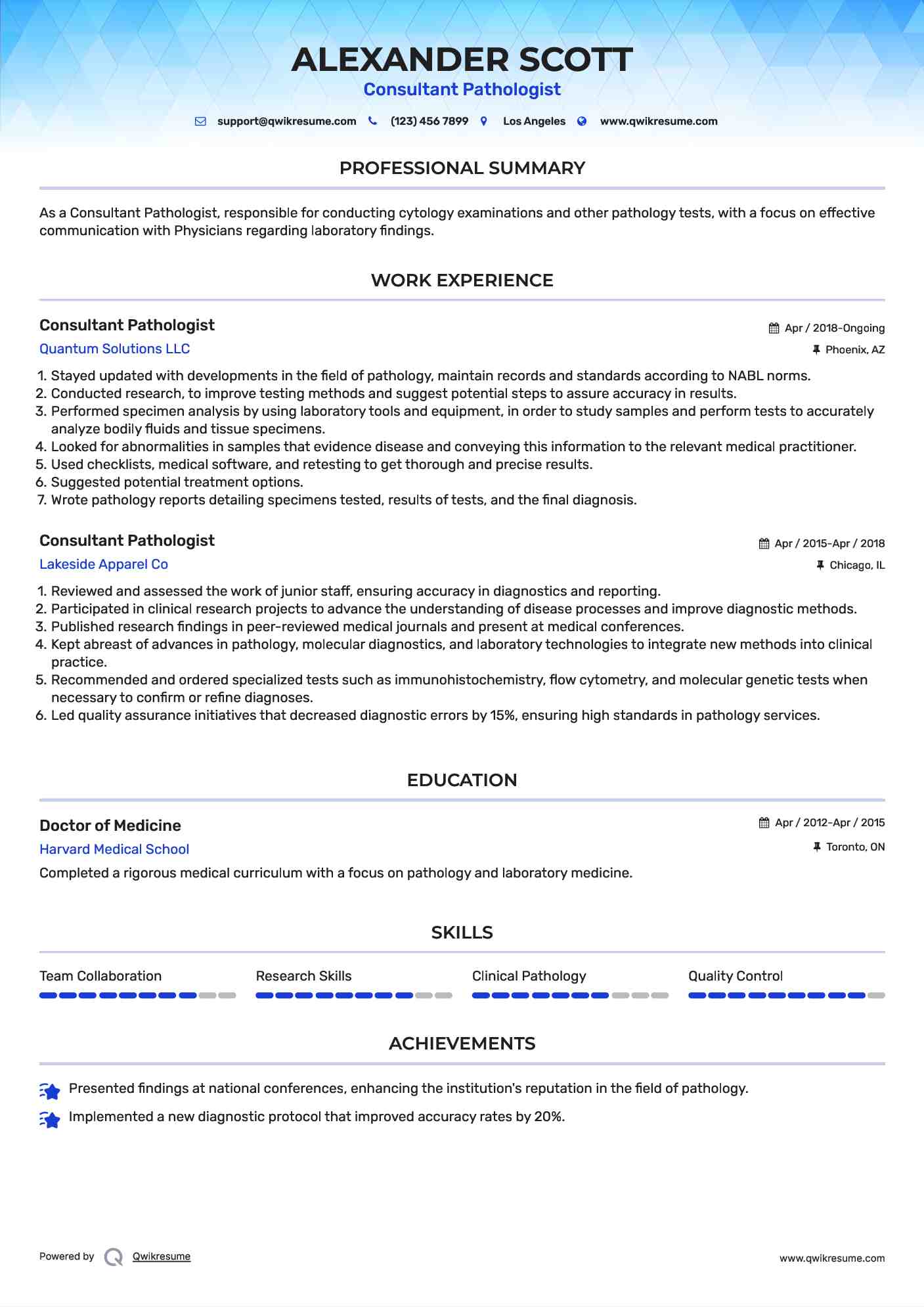 Consultant Pathologist Resume Template