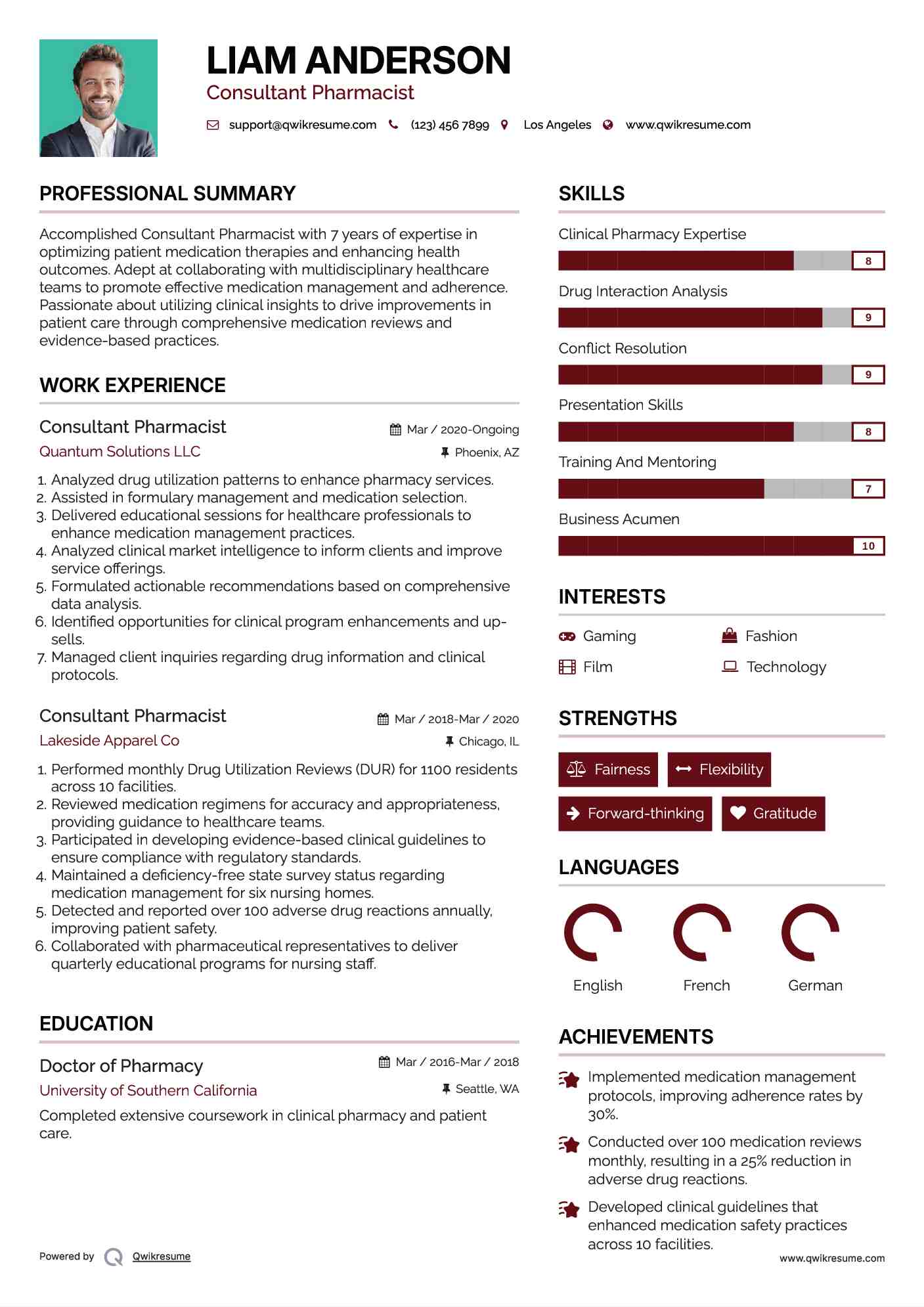 Consultant Pharmacist Resume Example