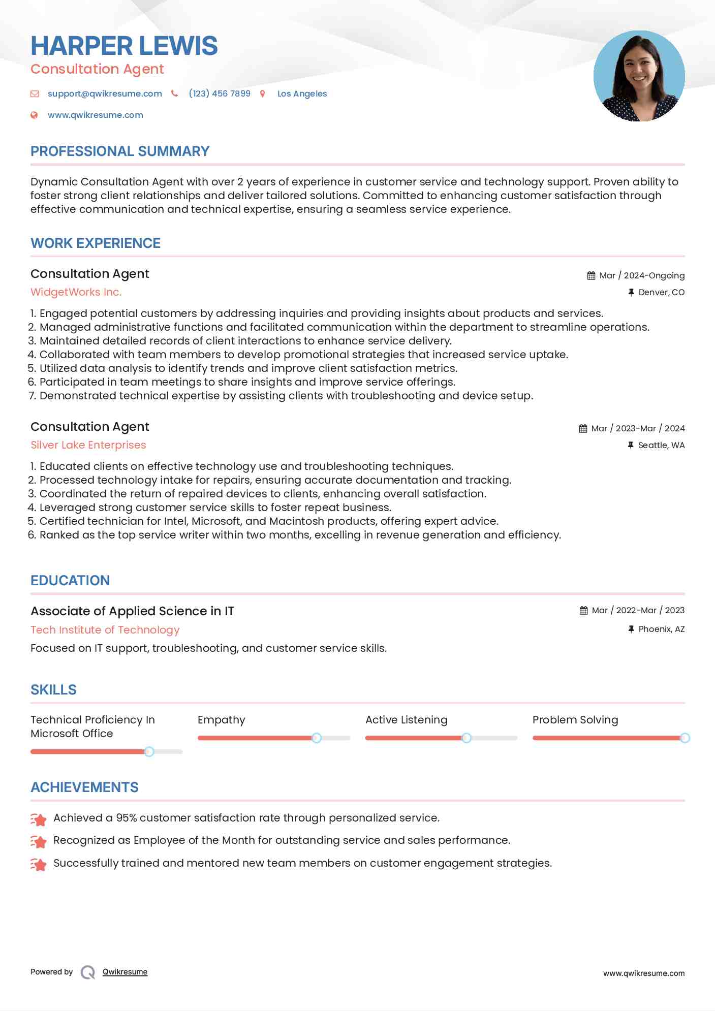 Consultation Agent Resume Example