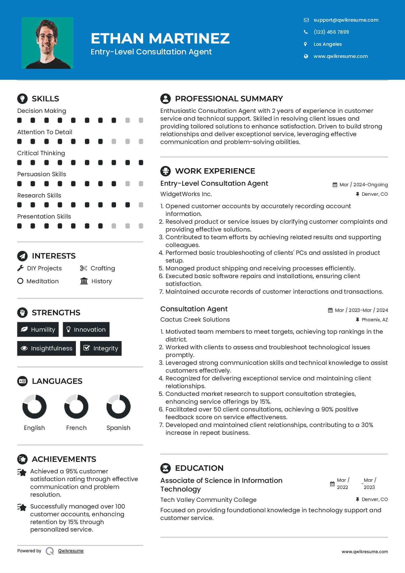 Entry-Level Consultation Agent Resume Example