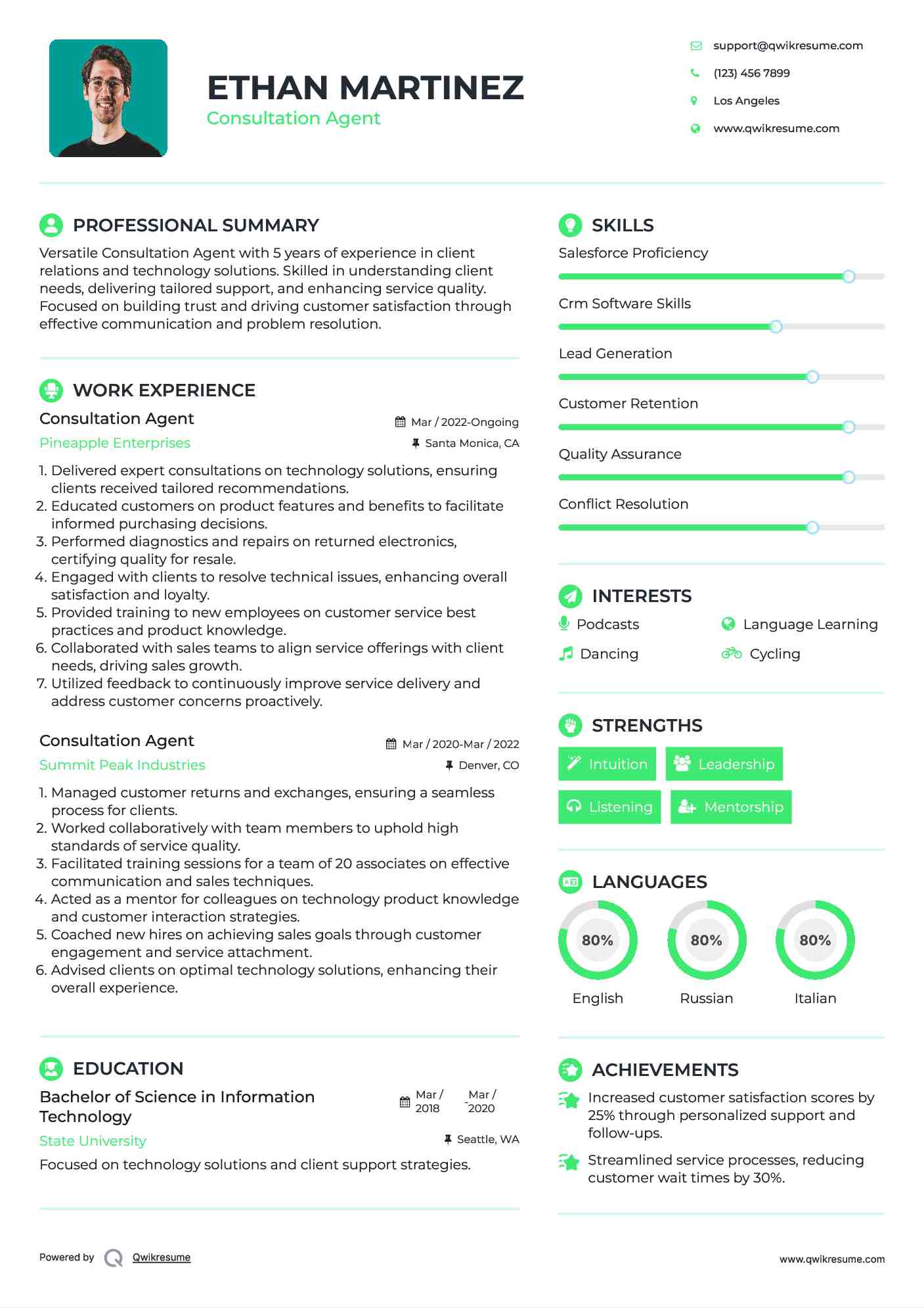 Consultation Agent Resume Sample