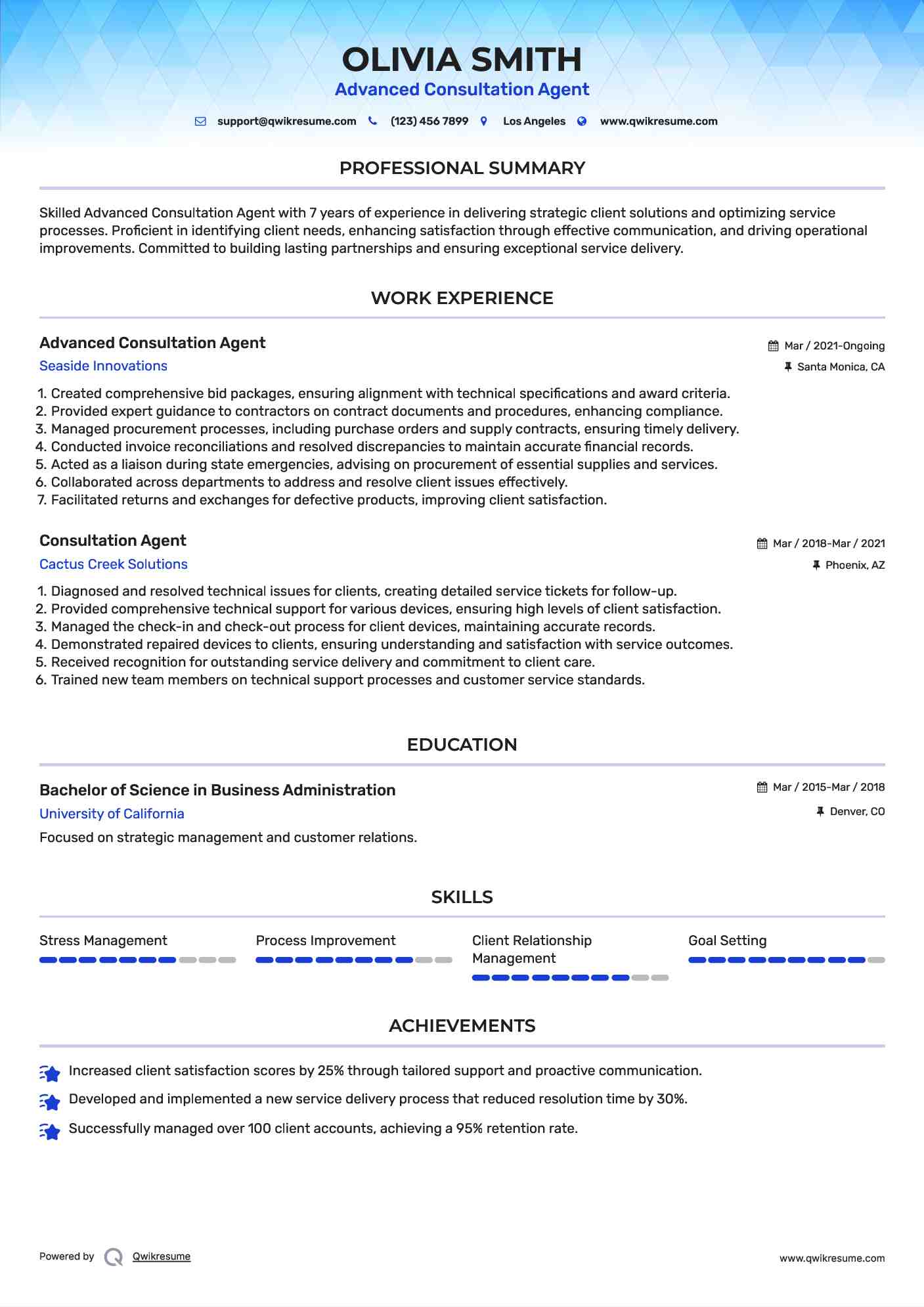 Advanced Consultation Agent Resume Sample