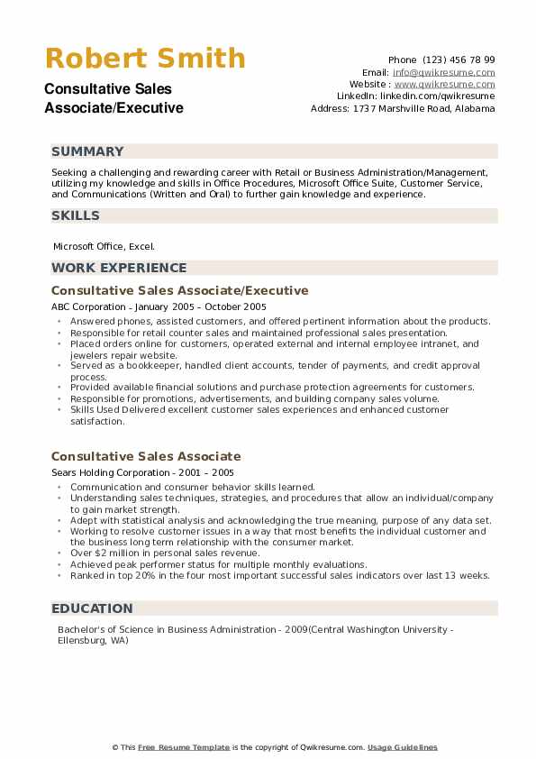 Consultative Sales Associate Resume Samples QwikResume