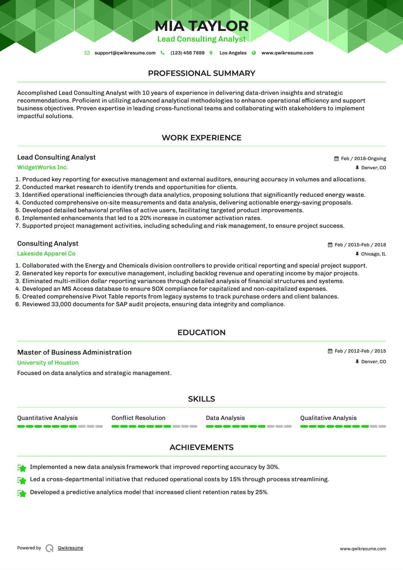 Lead Consulting Analyst Resume Example