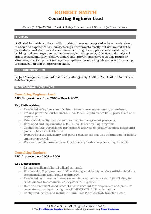 Consulting Engineer Resume Samples | QwikResume