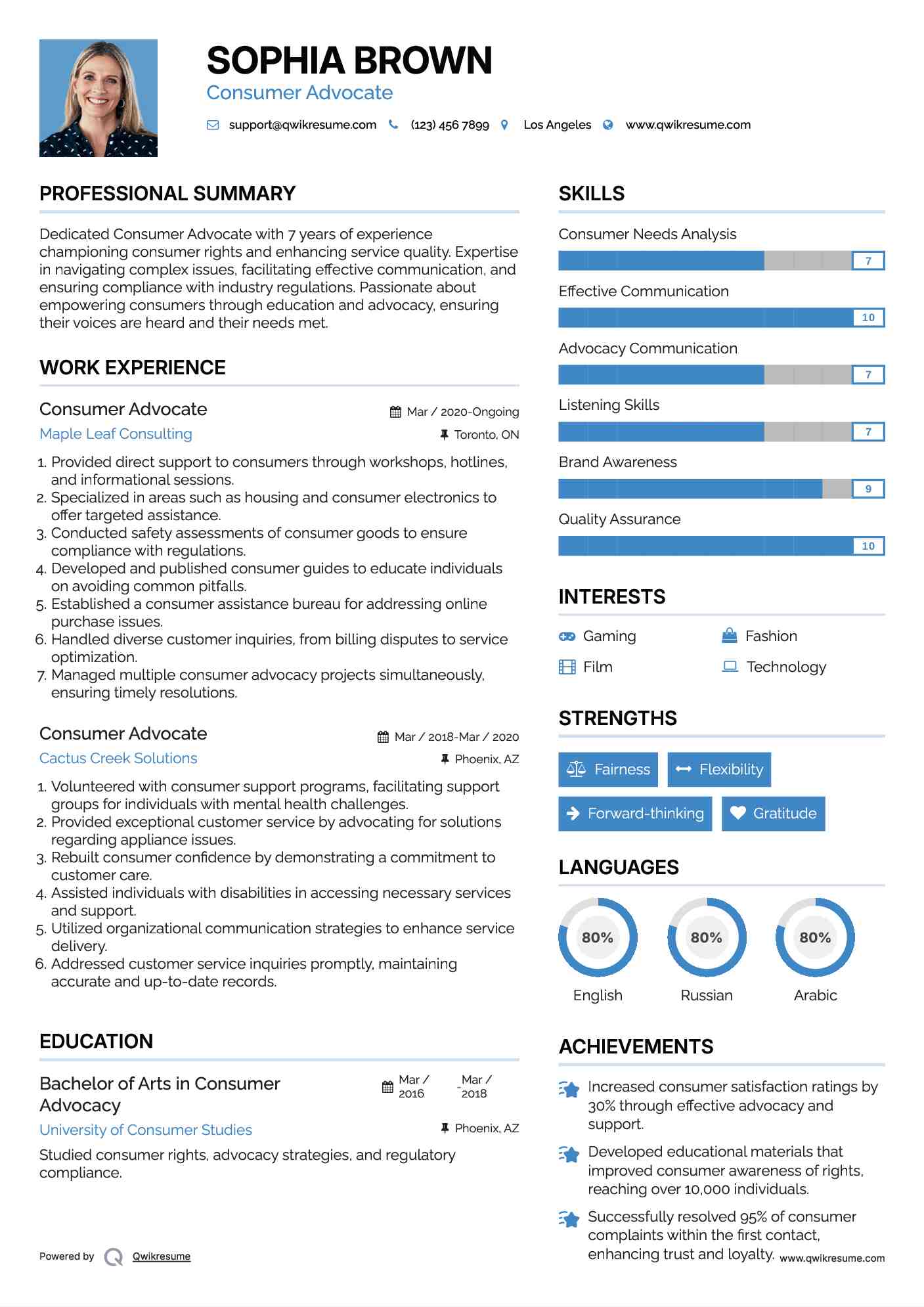 Consumer Advocate Resume Example