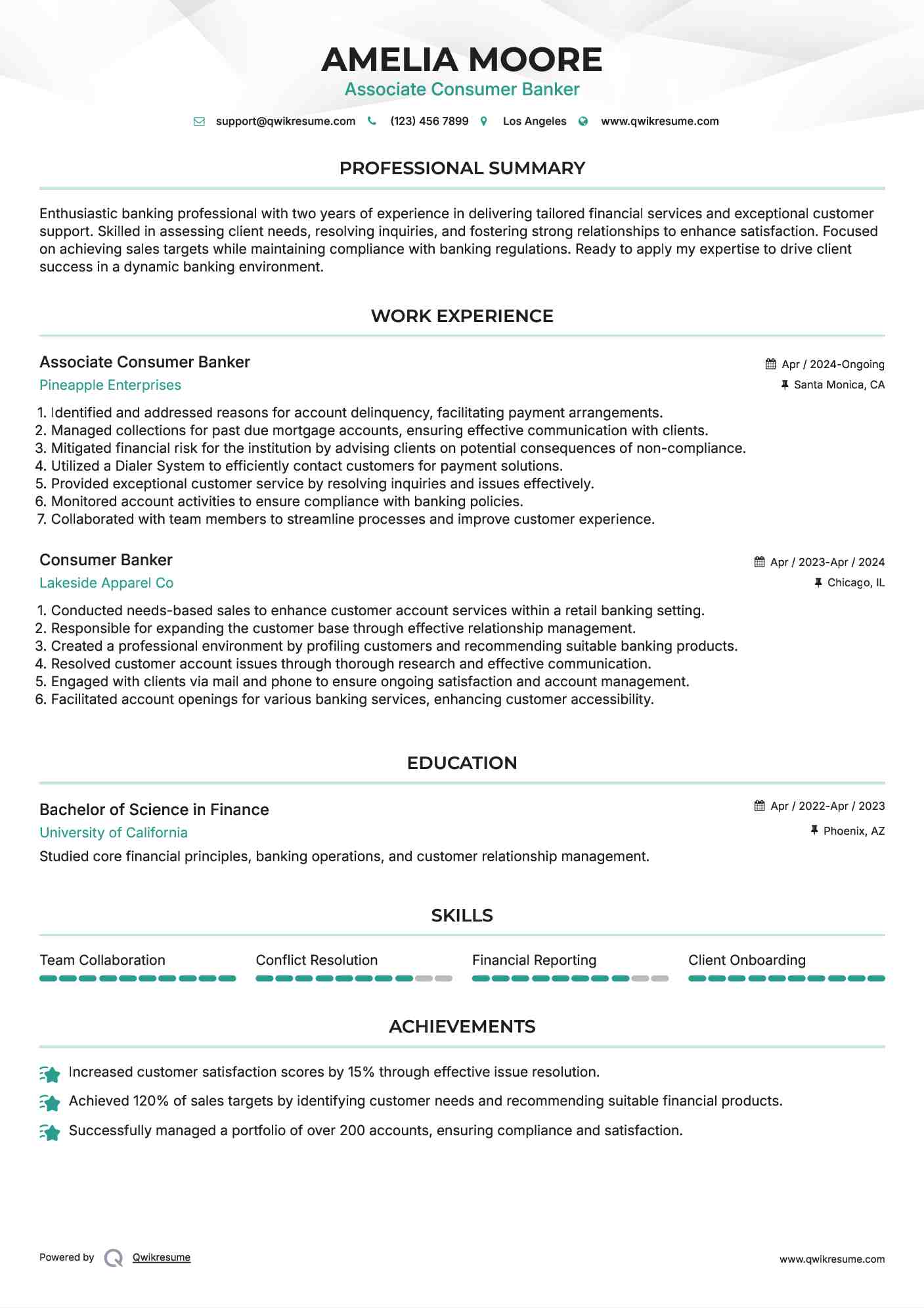 Associate Consumer Banker Resume Template