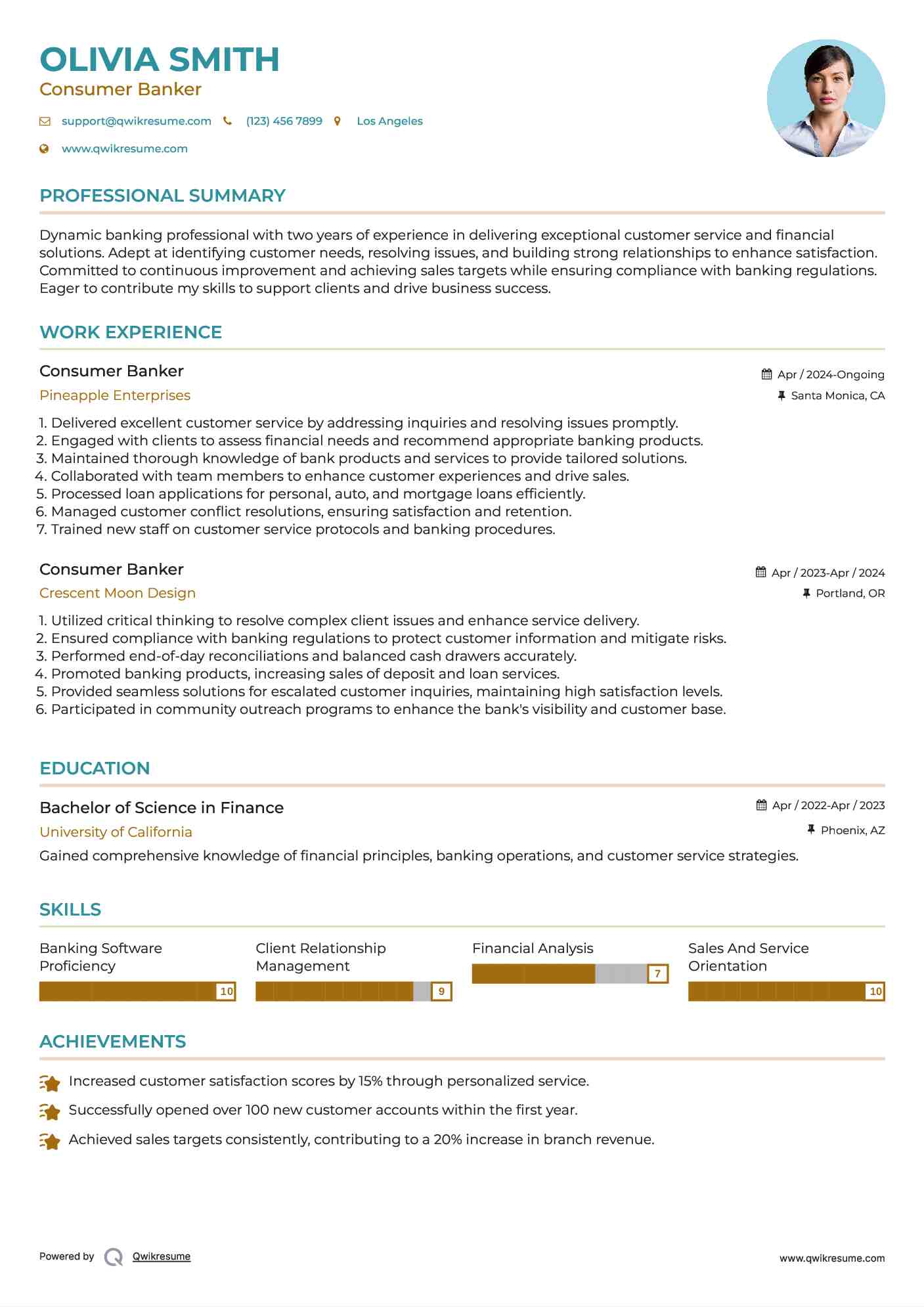 Consumer Banker Resume Example