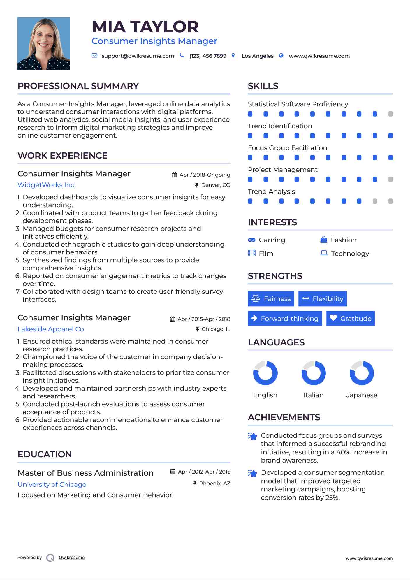 Consumer Insights Manager Resume Sample
