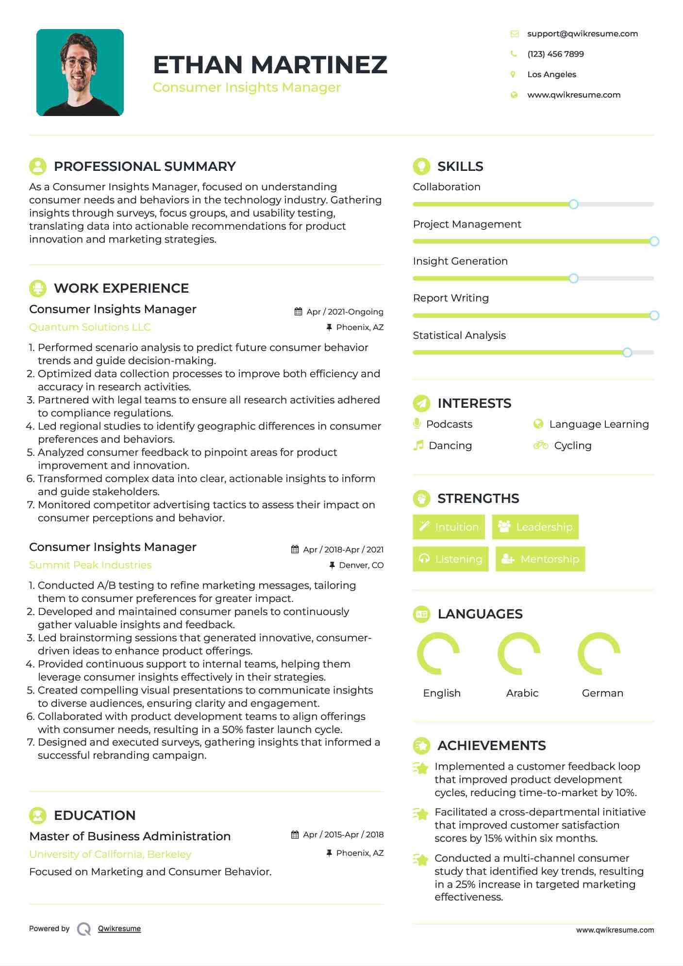 Consumer Insights Manager Resume Format
