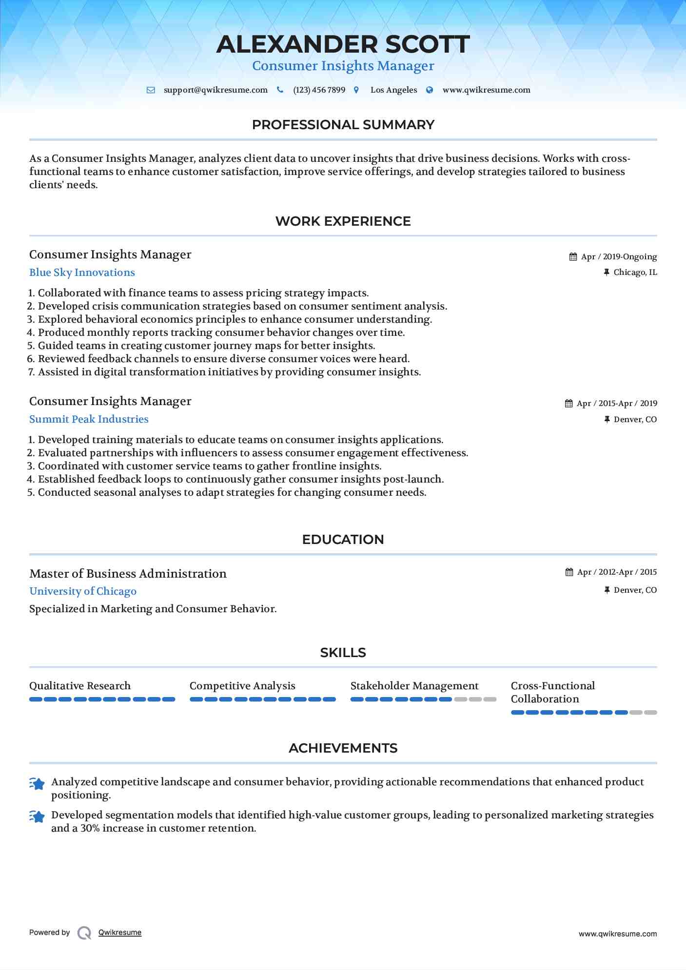 Consumer Insights Manager Resume Model