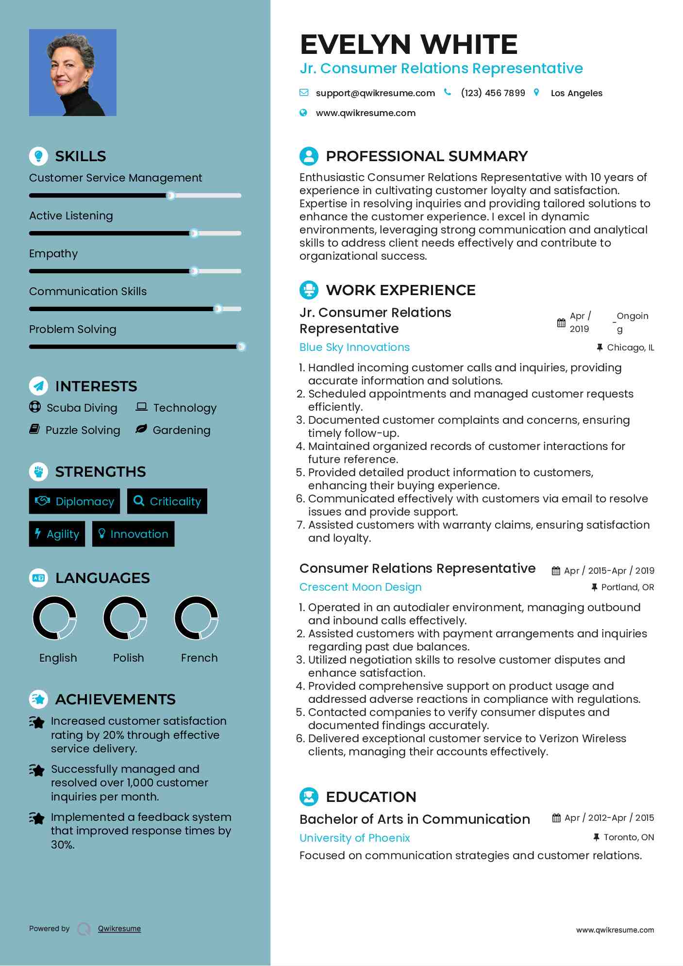 Jr. Consumer Relations Representative Resume Template
