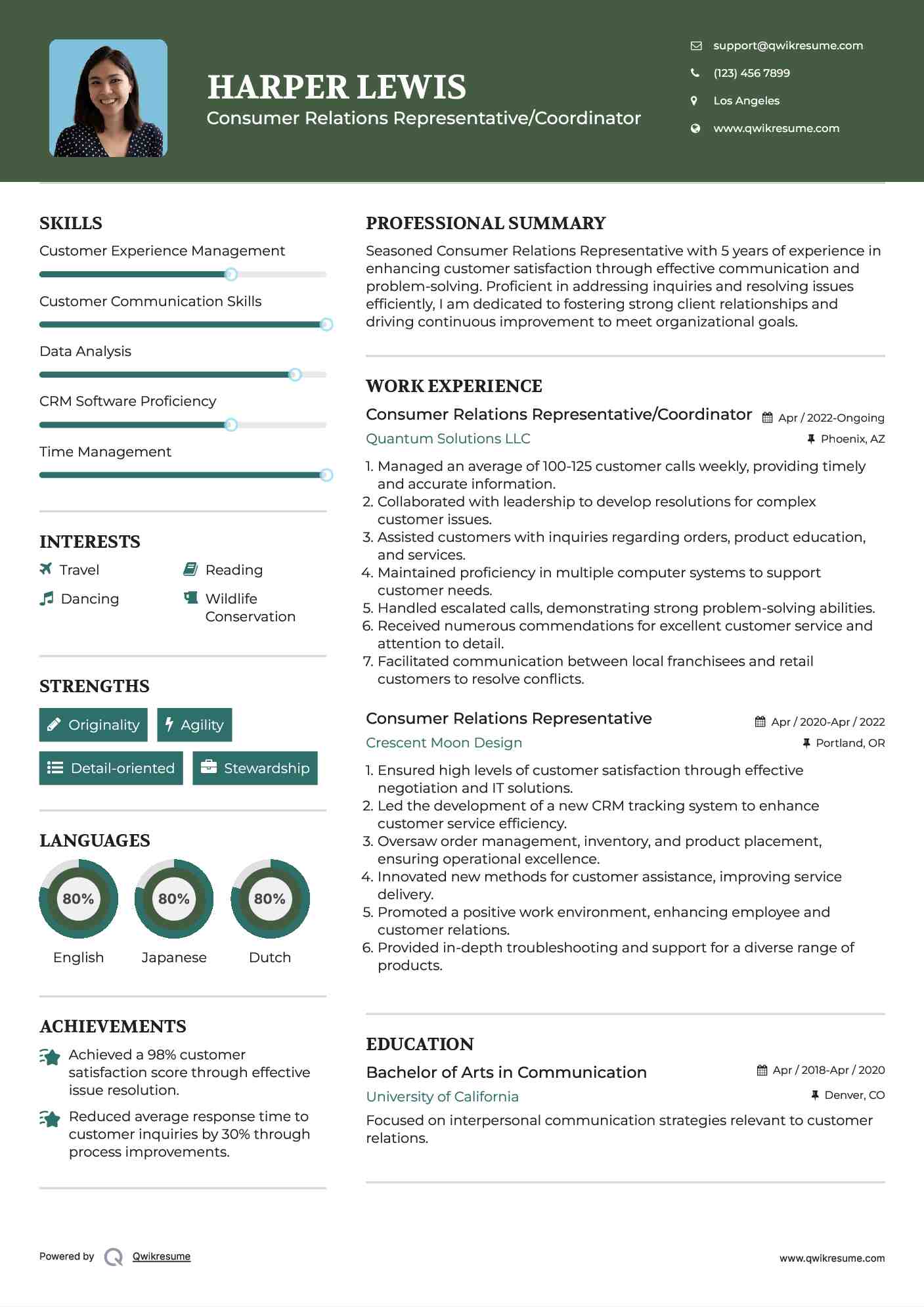 Consumer Relations Representative/Coordinator Resume Template