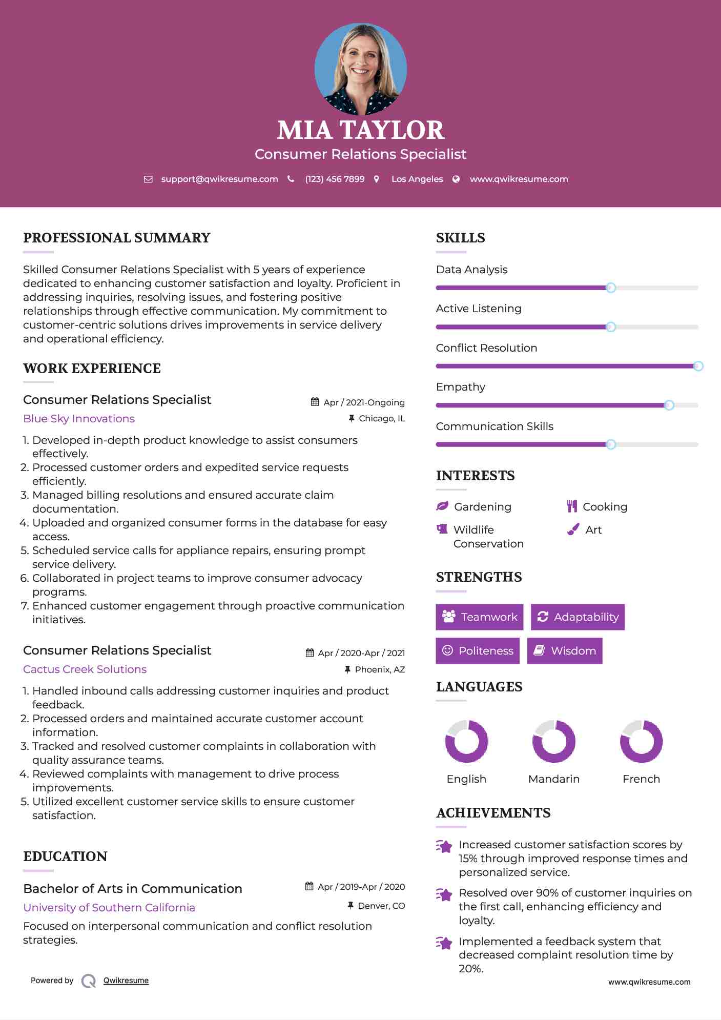 Consumer Relations Specialist Resume Example
