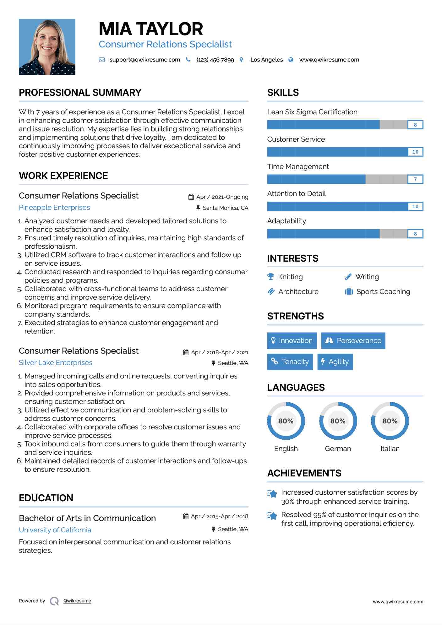 Consumer Relations Specialist Resume Sample