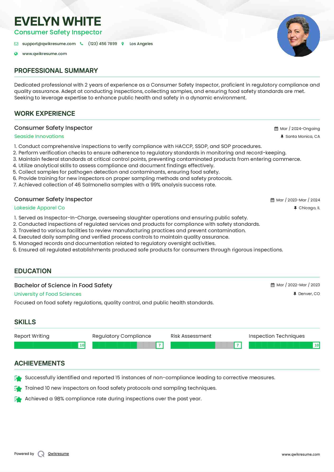 Consumer Safety Inspector Resume Example