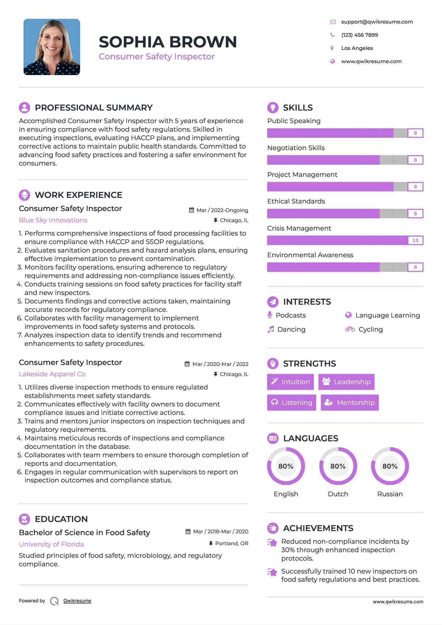 Consumer Safety Inspector Resume Sample