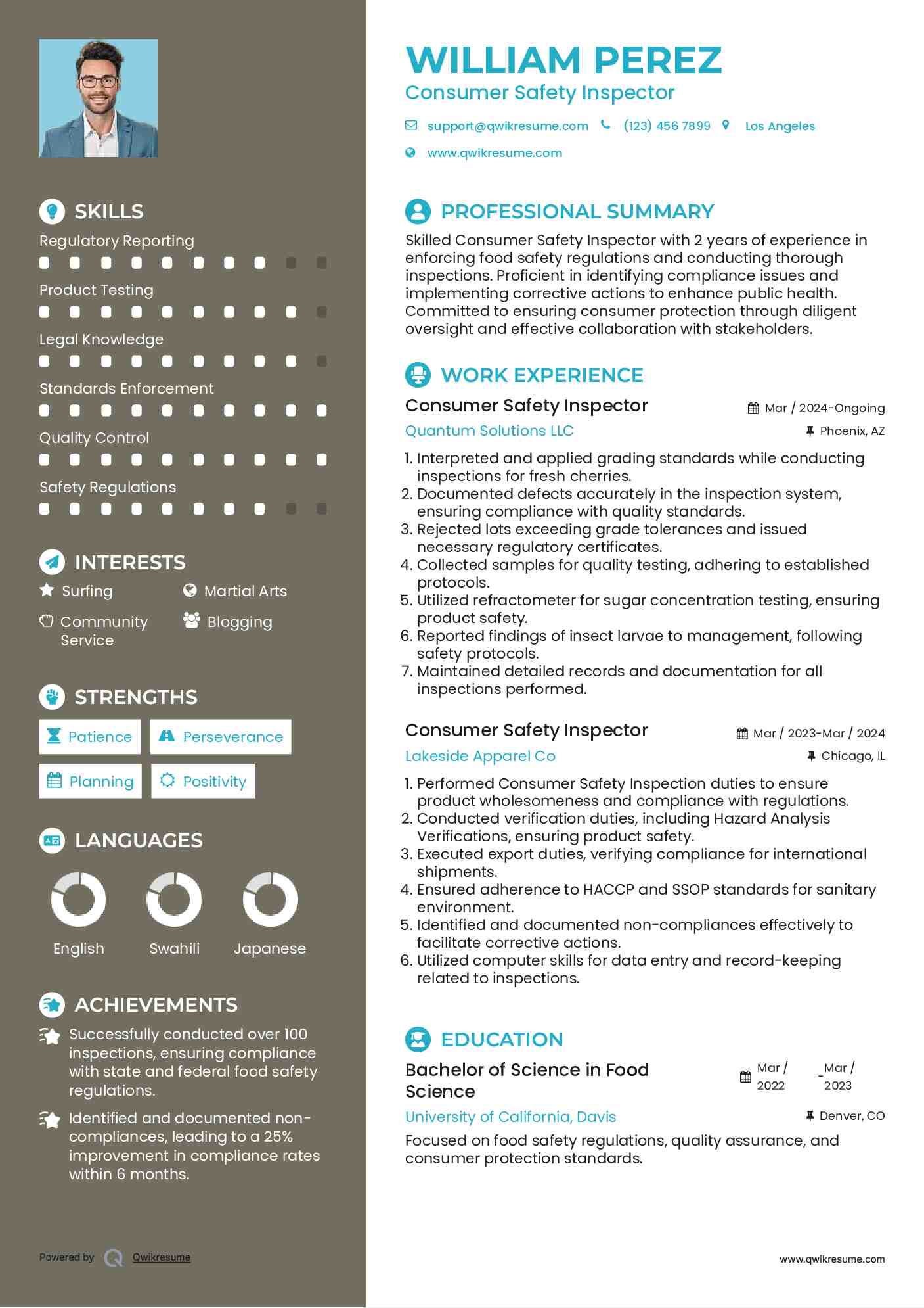 Consumer Safety Inspector Resume Template