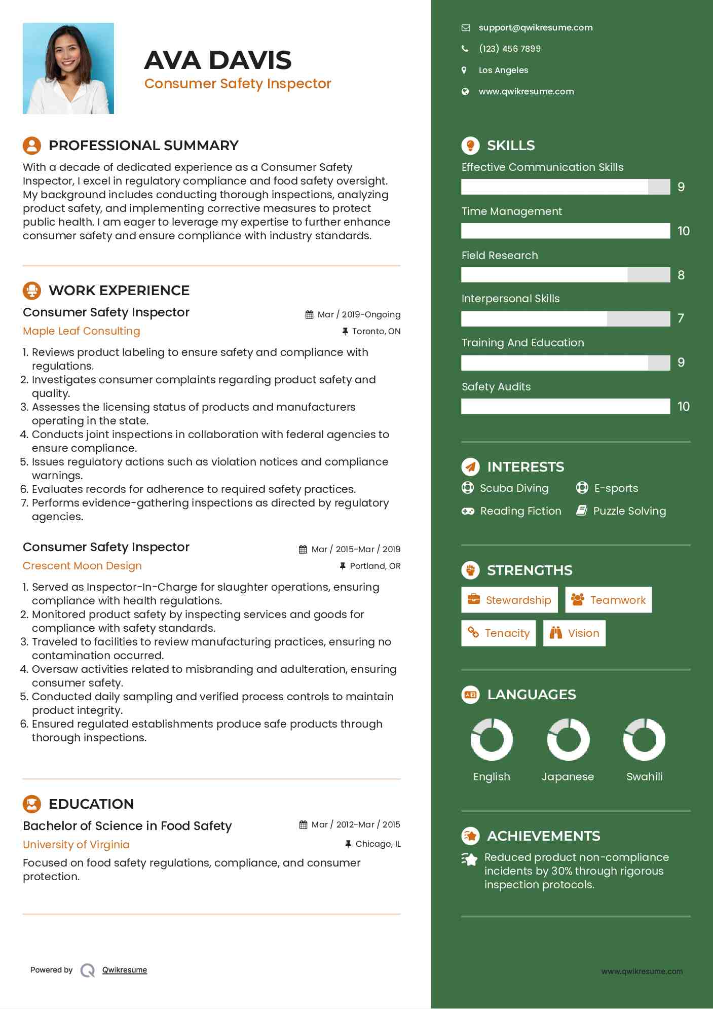 Consumer Safety Inspector Resume Model